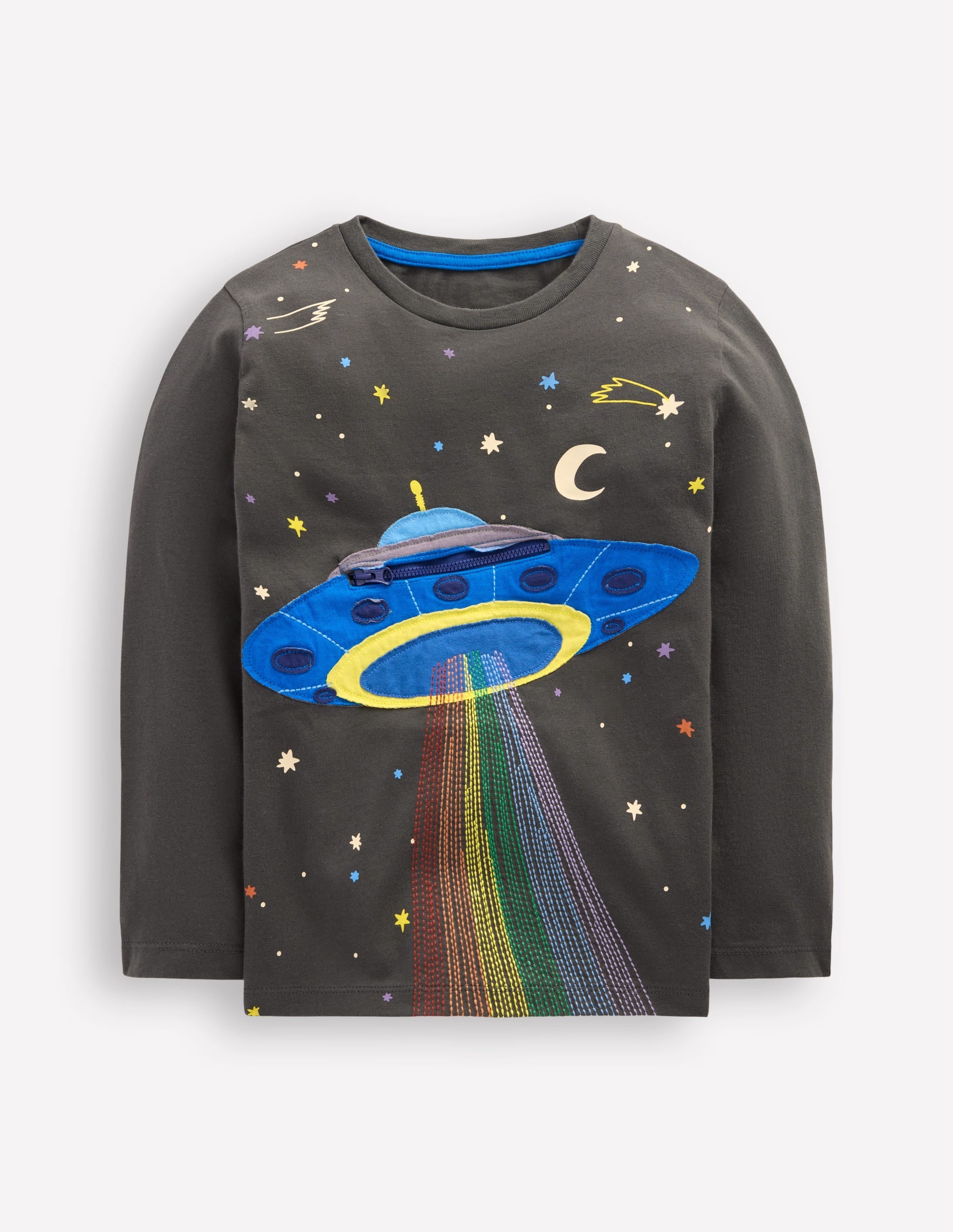 Zip Detail Appliqué T-shirt-Phantom UFO