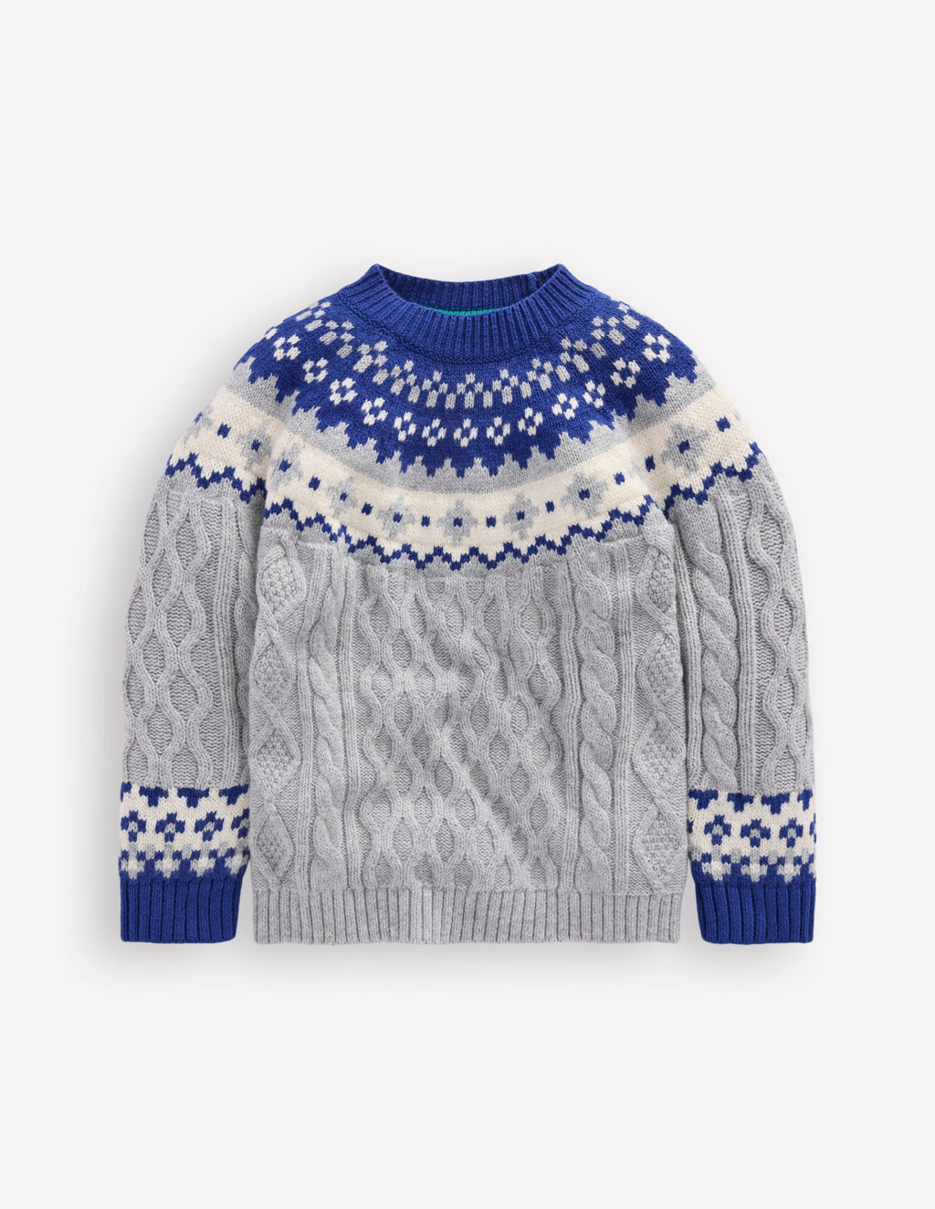 Cable Fair Isle Sweater-Grey Marl