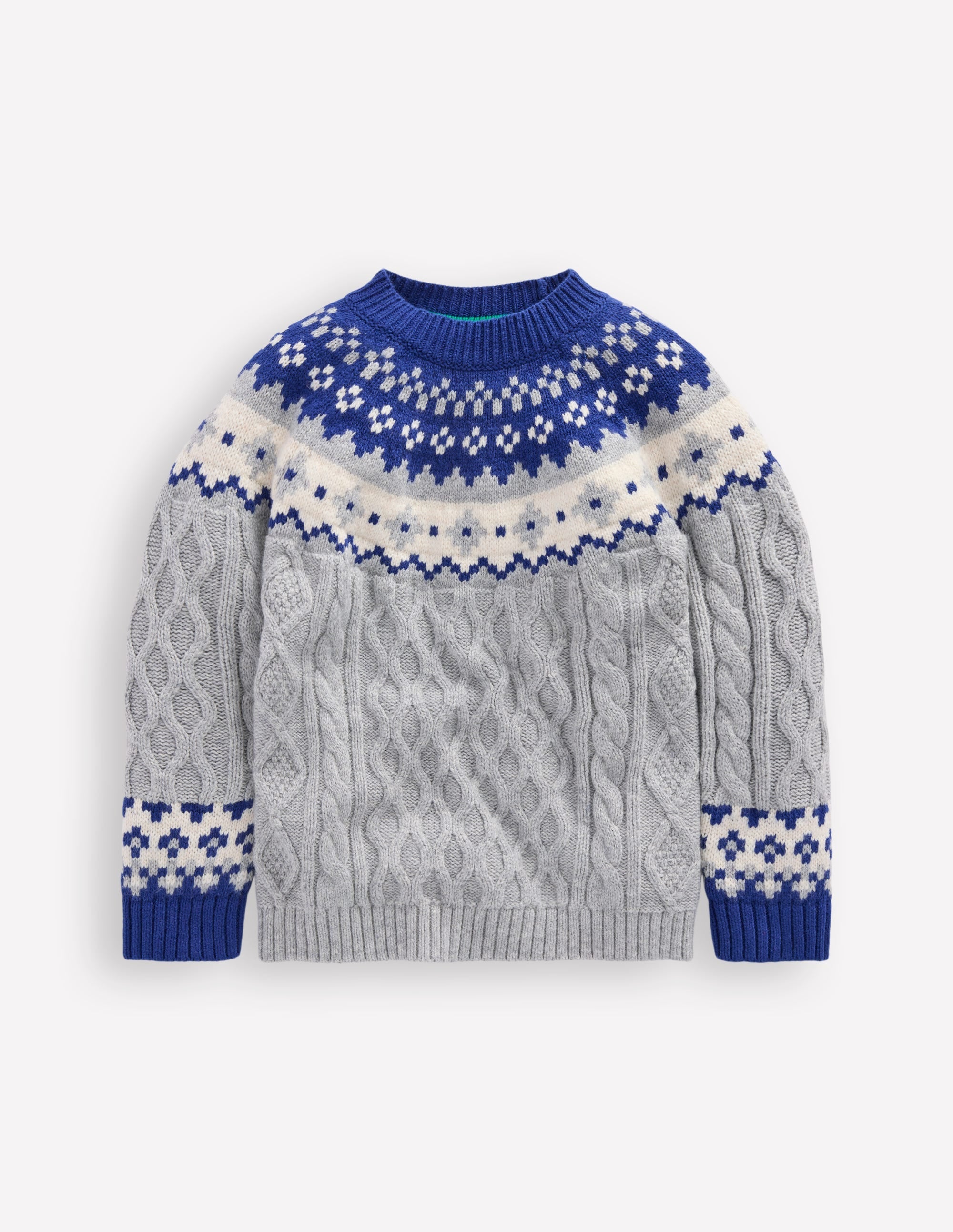 Cable Fair Isle Sweater-Grey Marl