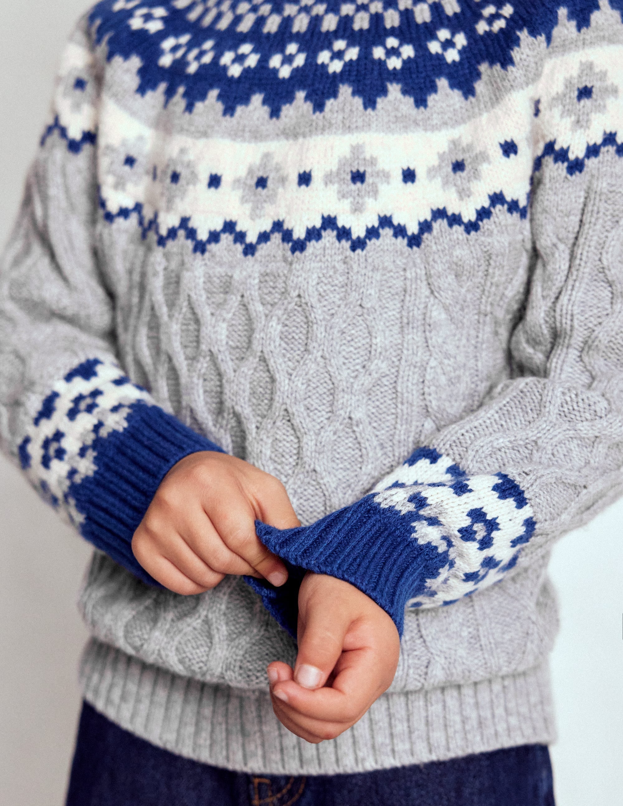 Cable Fair Isle Sweater-Grey Marl