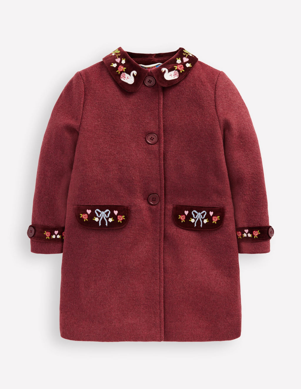 Wool Blend Coat-Chestnut Swan Embroidery