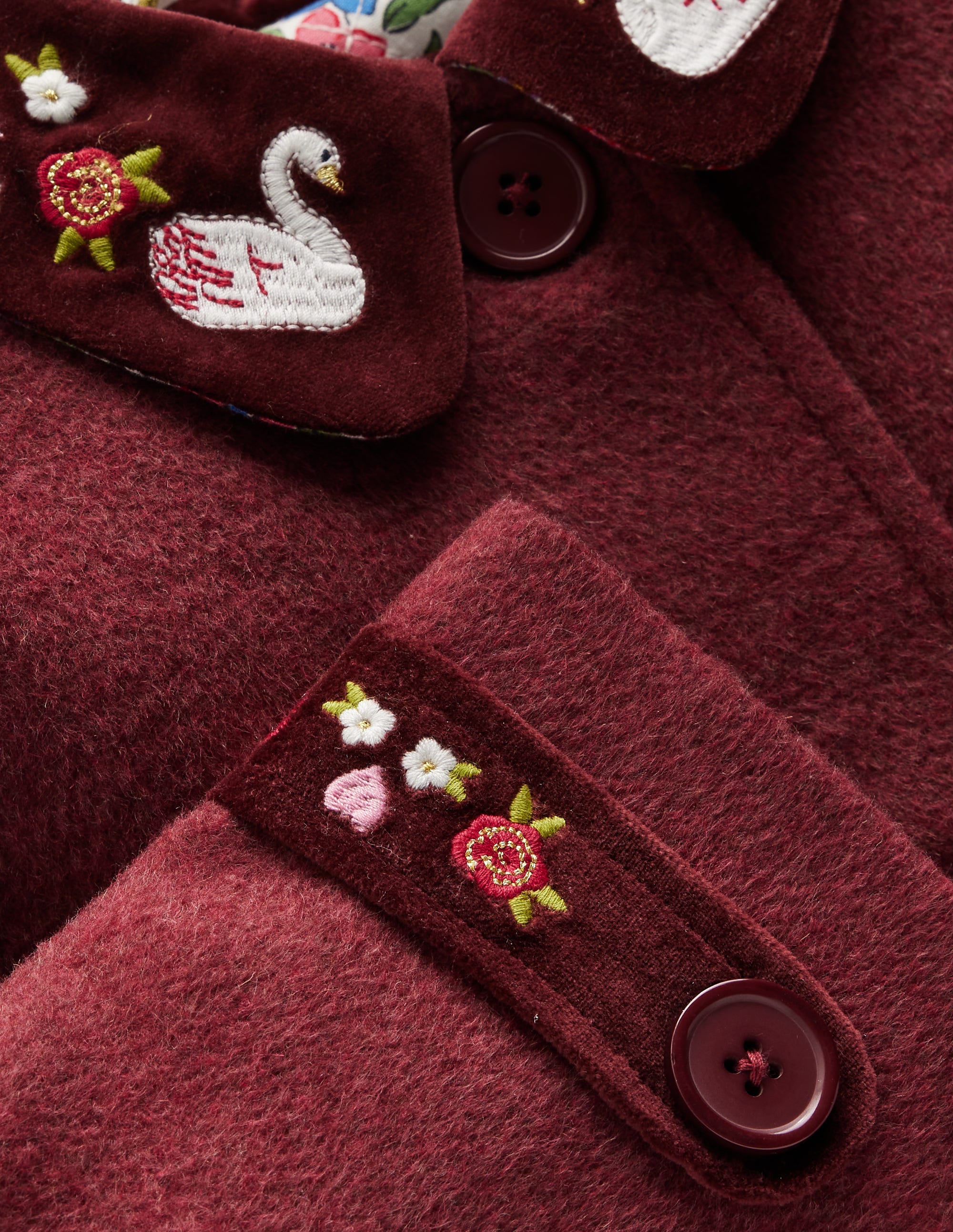 Wool Blend Coat-Chestnut Swan Embroidery