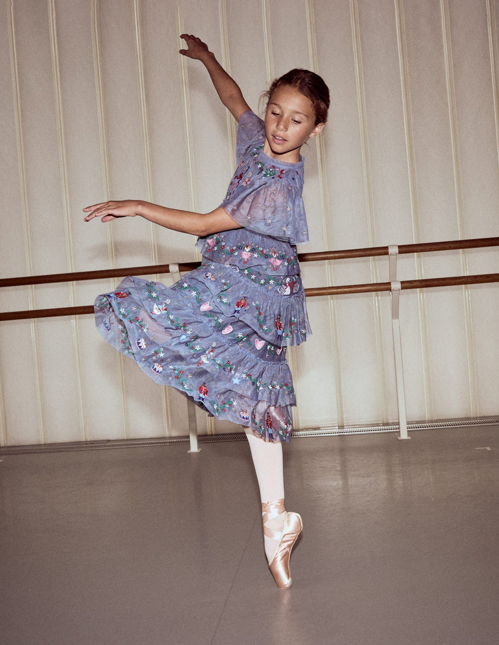 Embroidered Tulle Ruffle Dress-Stormbolt Blue Embroidery