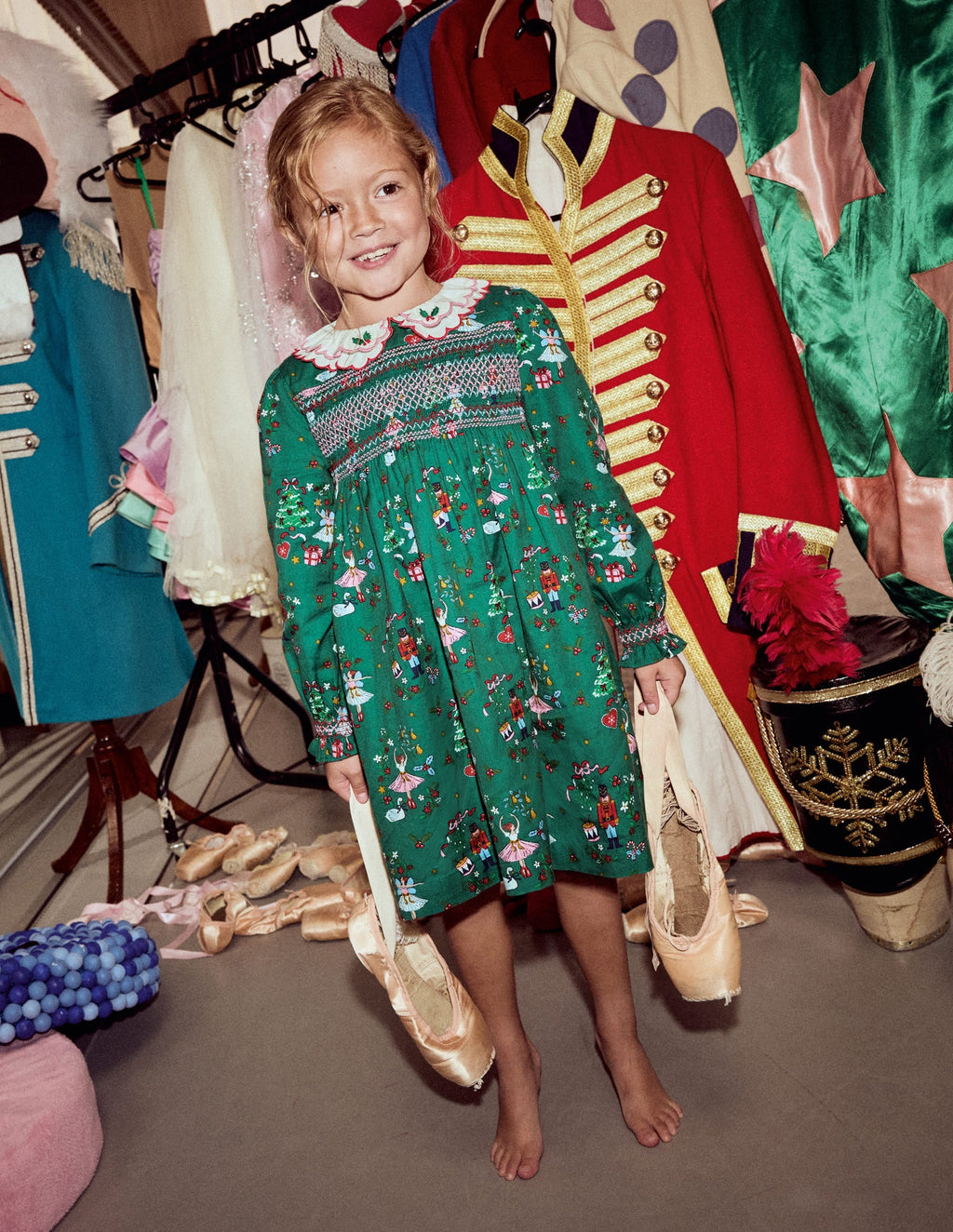 Cosy Collar Detail Smock Dress-Alpine Green Nutcracker