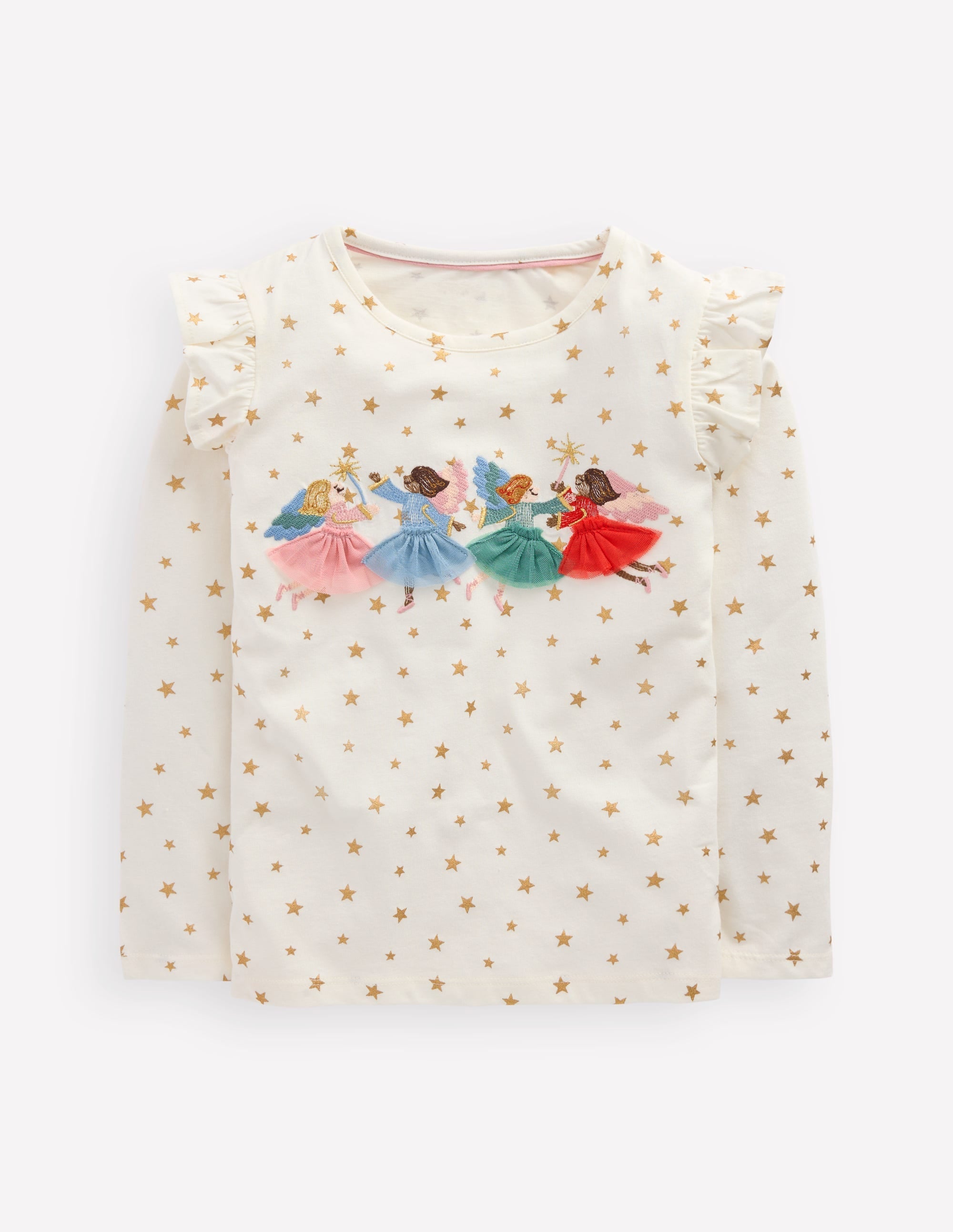 Frill Sleeve Appliqué T-shirt-Ivory Fairies