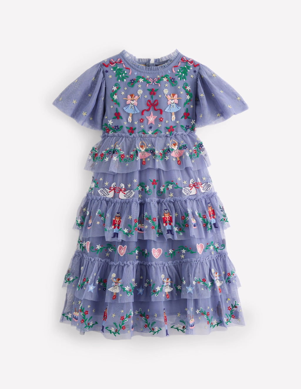 Embroidered Tulle Ruffle Dress-Stormbolt Blue Embroidery