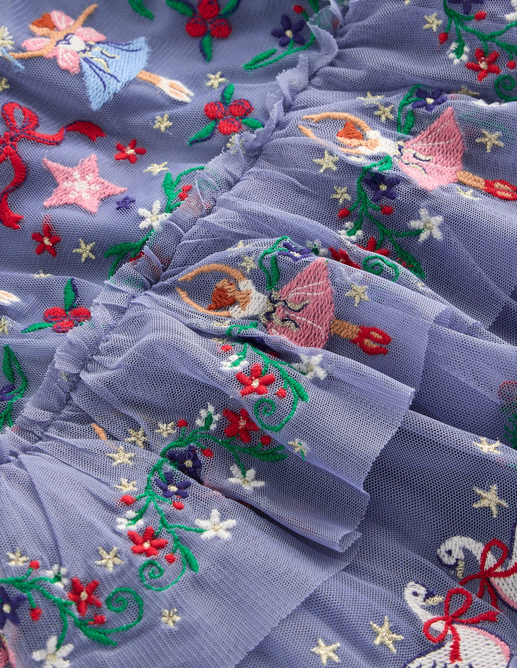 Embroidered Tulle Ruffle Dress-Stormbolt Blue Embroidery