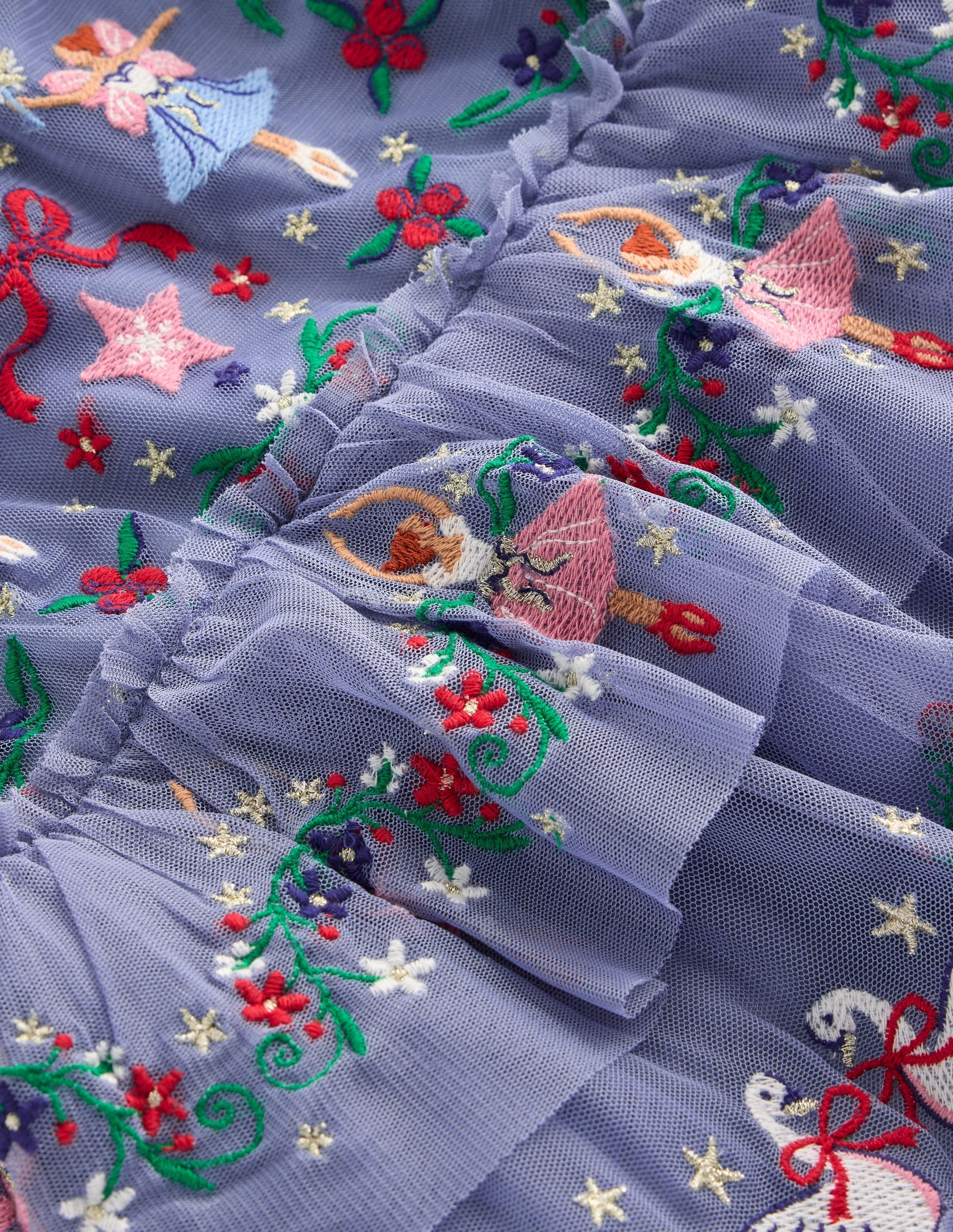 Embroidered Tulle Ruffle Dress-Stormbolt Blue Embroidery