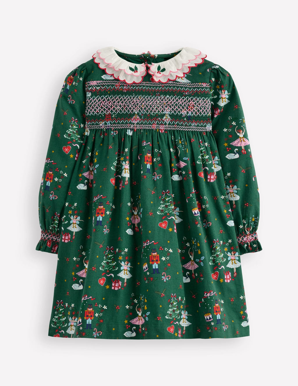 Cosy Collar Detail Smock Dress-Alpine Green Nutcracker