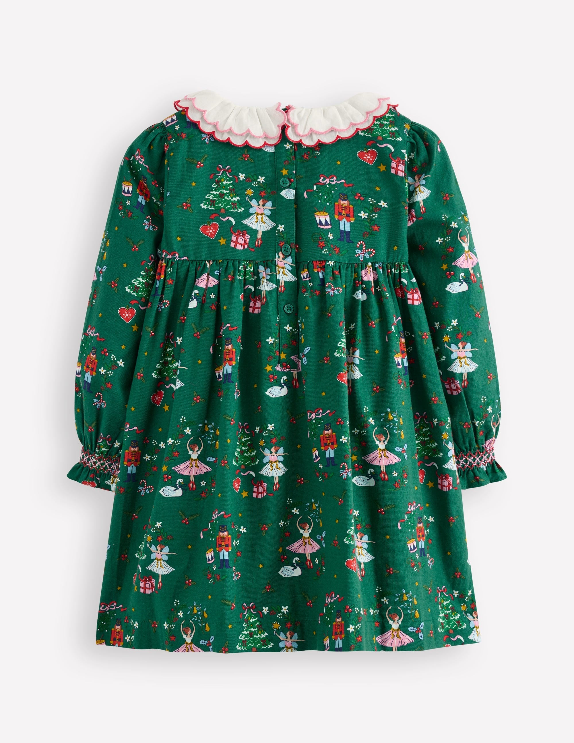 Cosy Collar Detail Smock Dress-Alpine Green Nutcracker