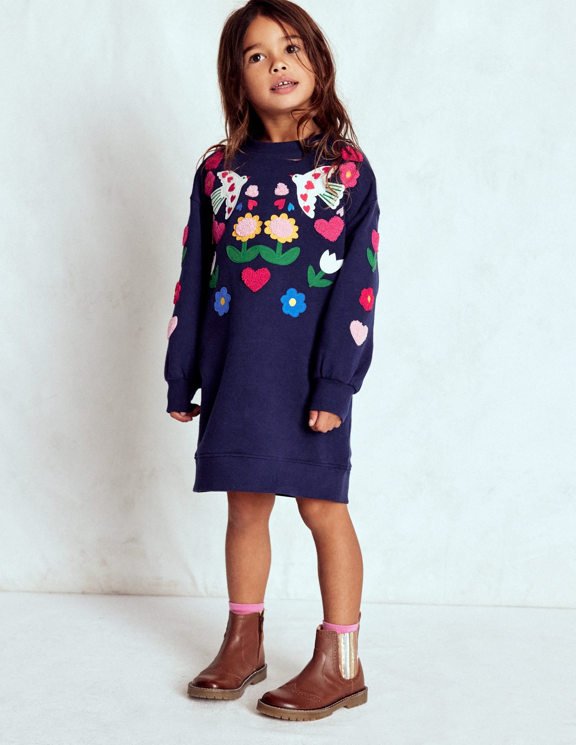 Relaxed Sweatshirt Dress-College Navy Birds