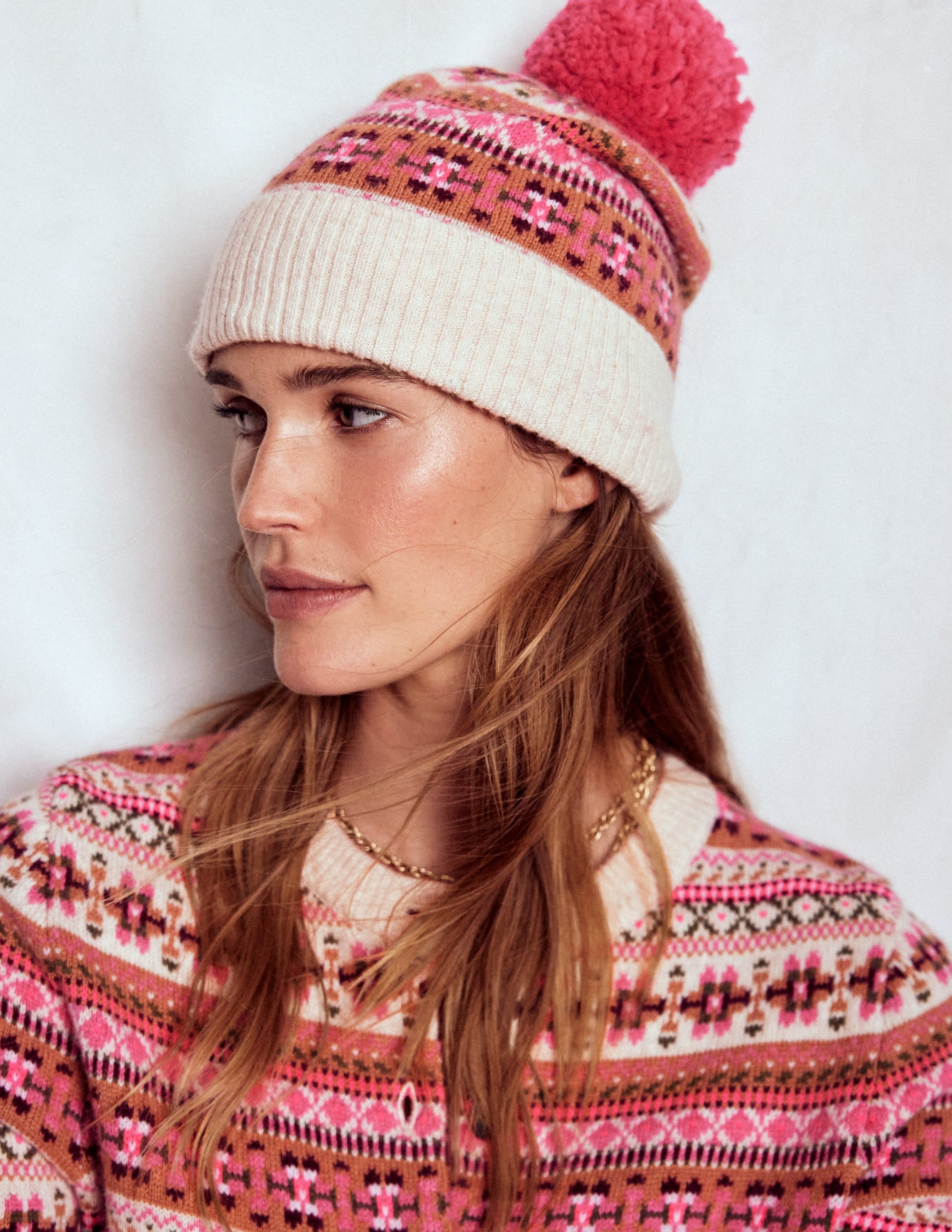 Edie Fair Isle Beanie-Pink
