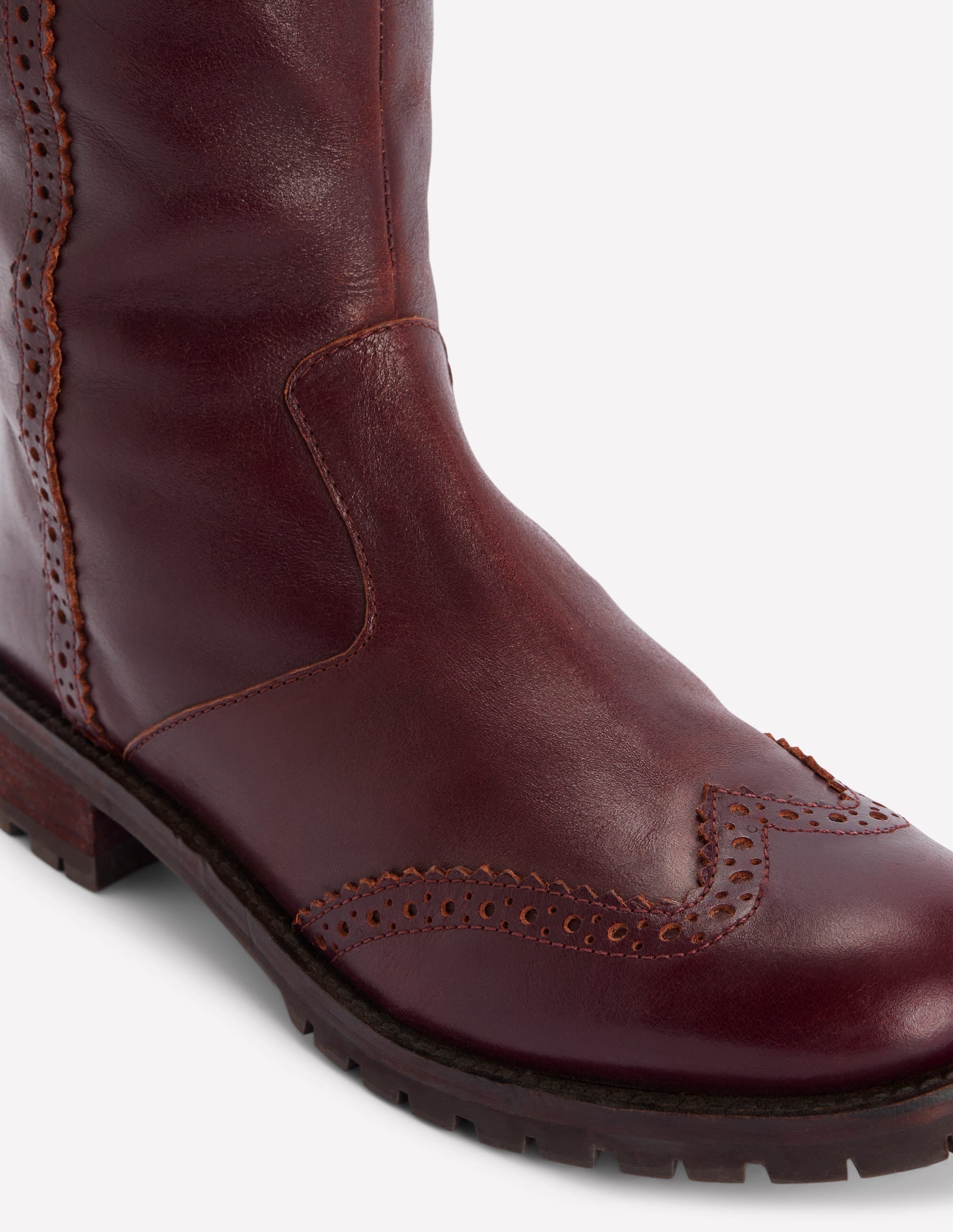 Brogue Detail Knee Boots-Oxblood