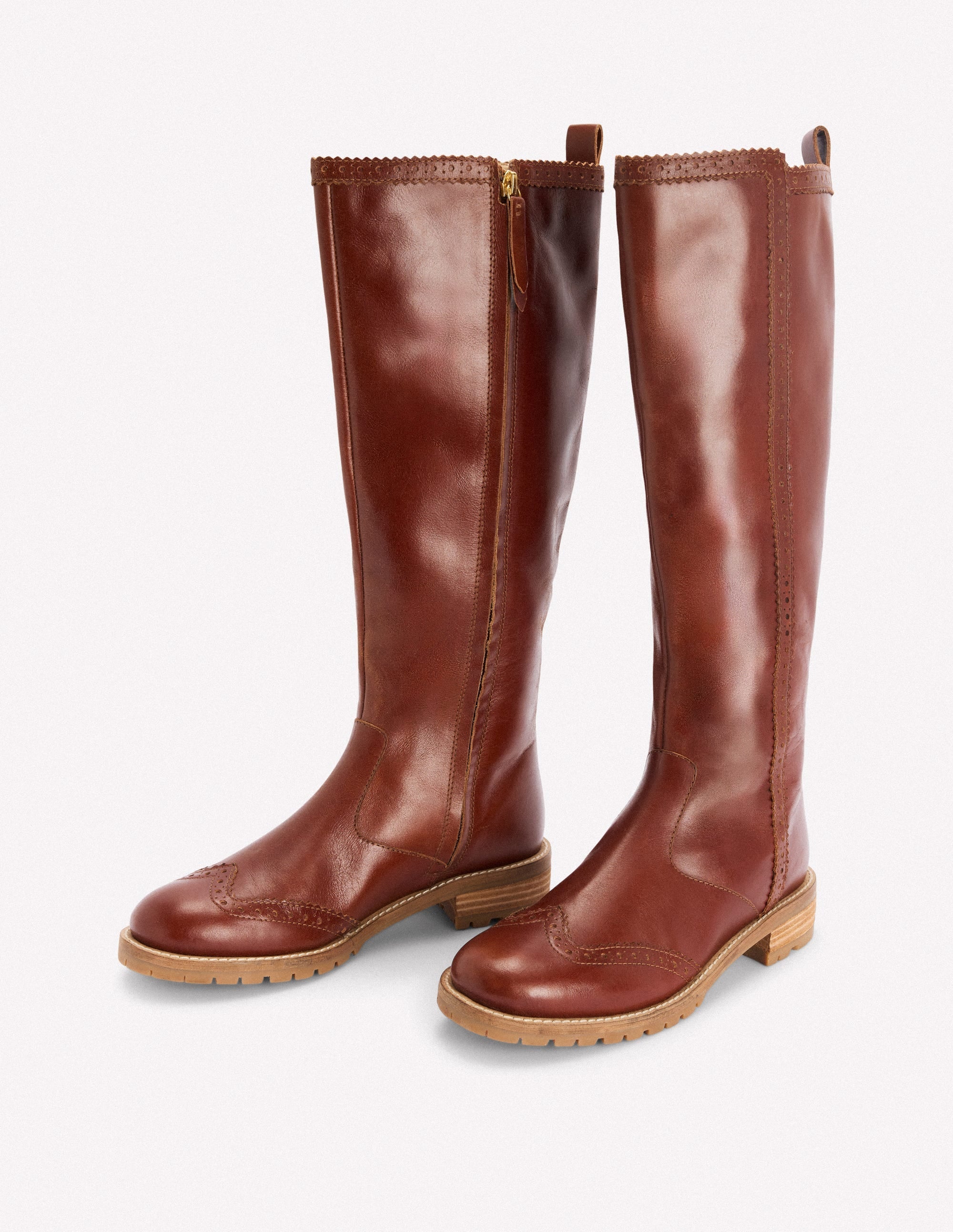 Brogue Detail Knee Boots-Tan