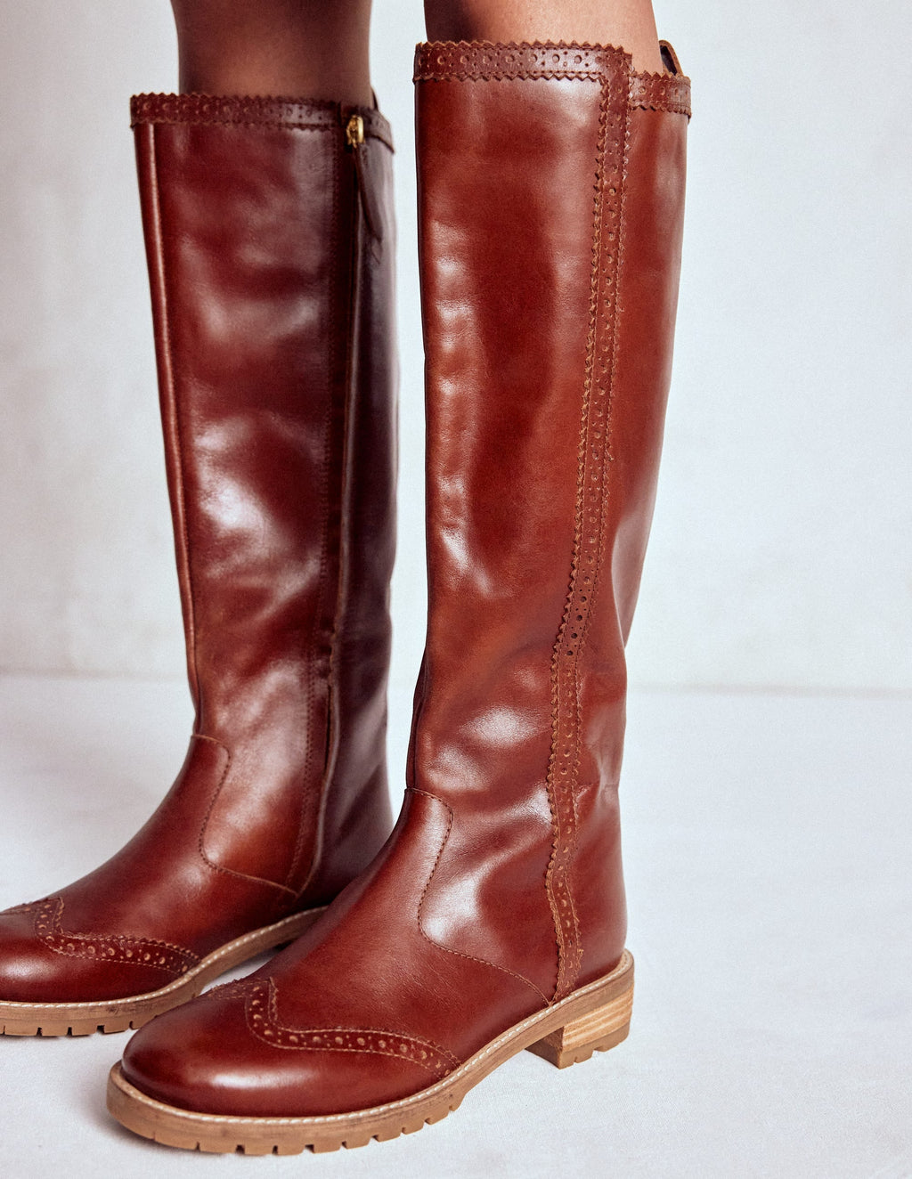 Brogue Detail Knee Boots-Tan