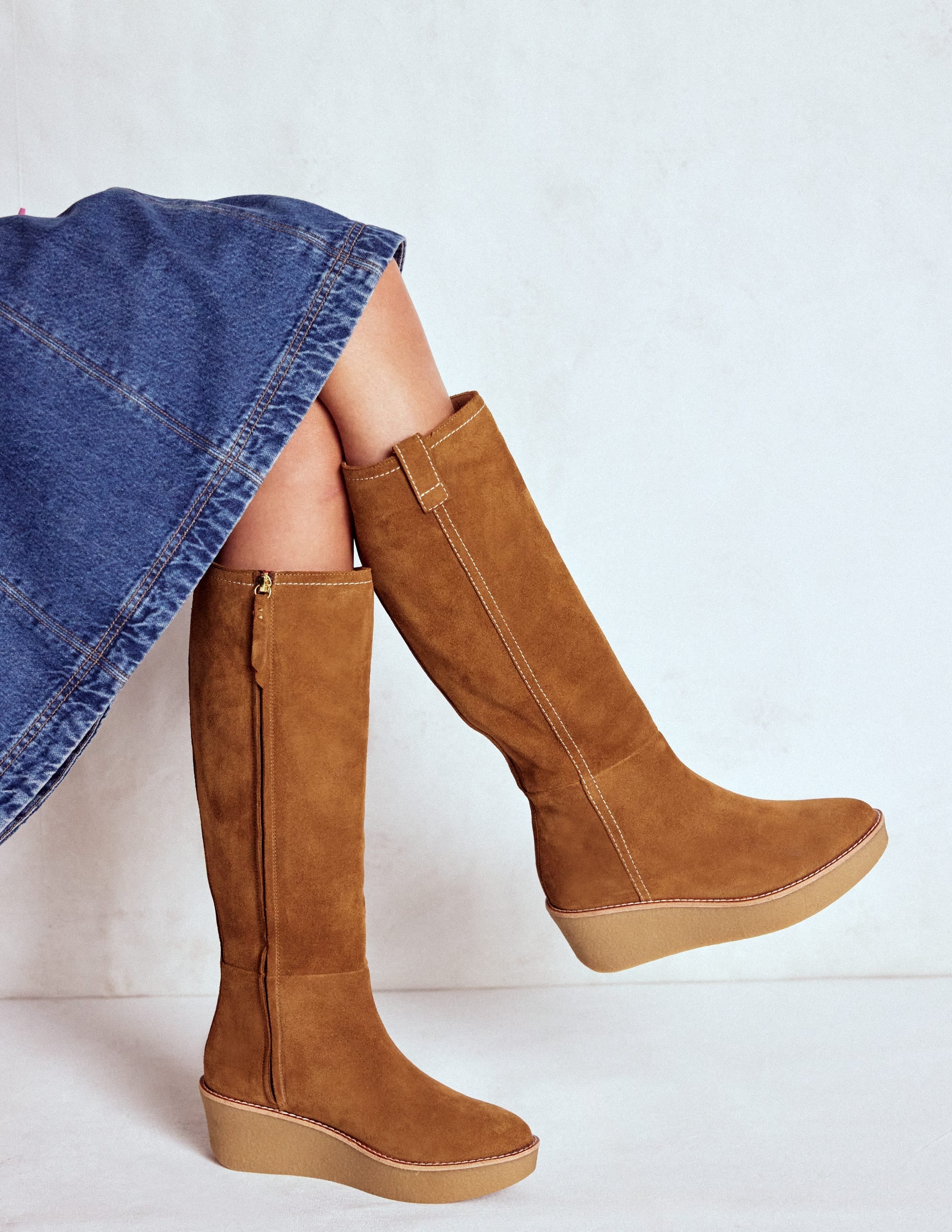 Knee High Wedge Boots-Tan