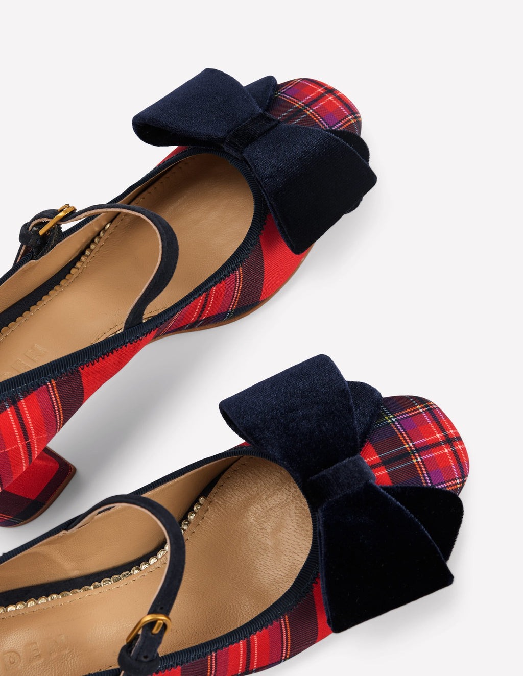 Embellished Bow Block Heels-Red Tartan