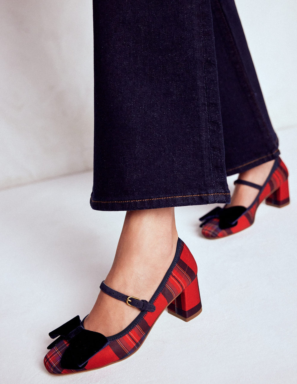 Embellished Bow Block Heels-Red Tartan