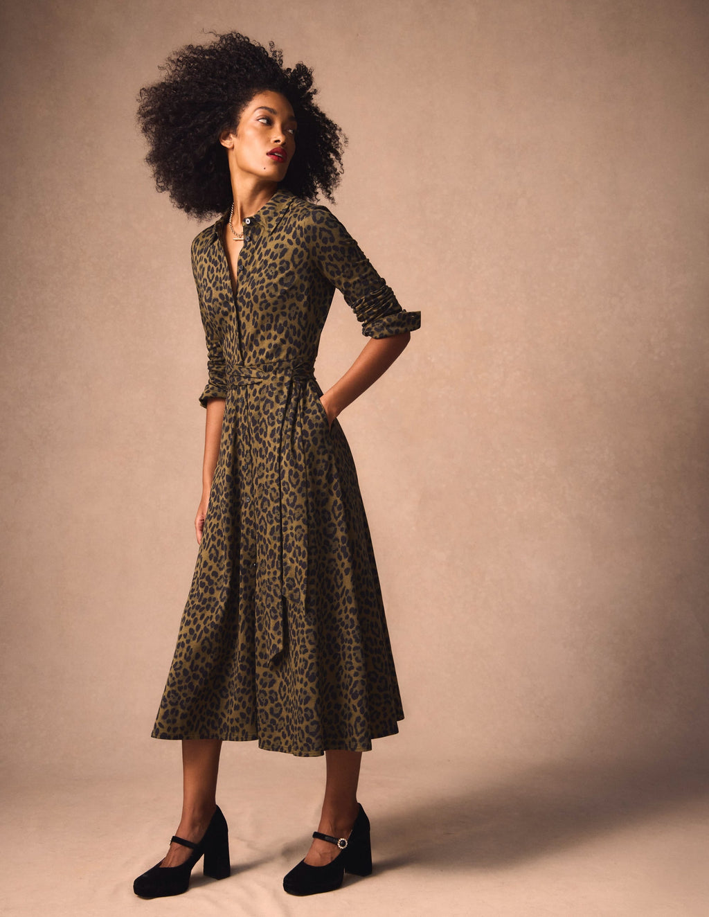 Marcia Jersey Shirt Dress-Military Olive, Brushed Animal