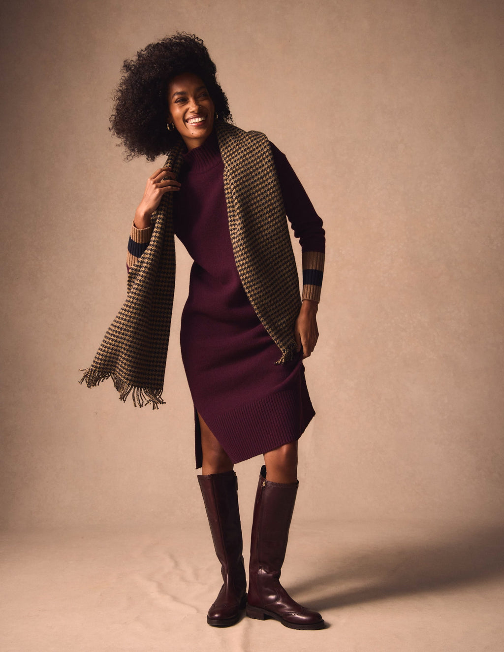 Merino Knitted Dress-Dark Cherry, Brown Stripe