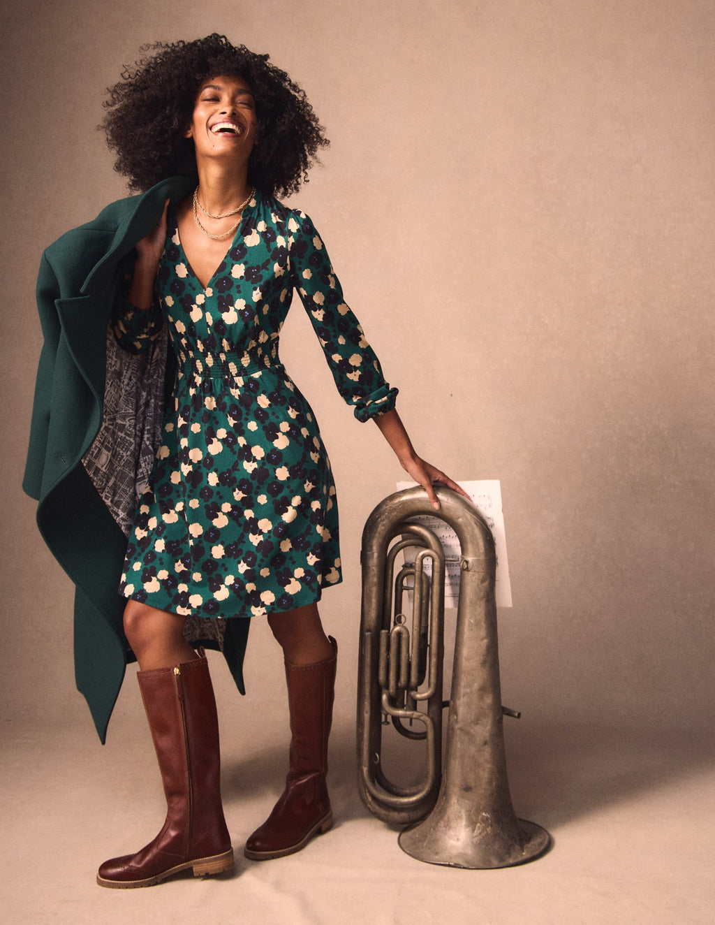 Sarah Short Jersey Dress-Emerald Night, Garden Blossom