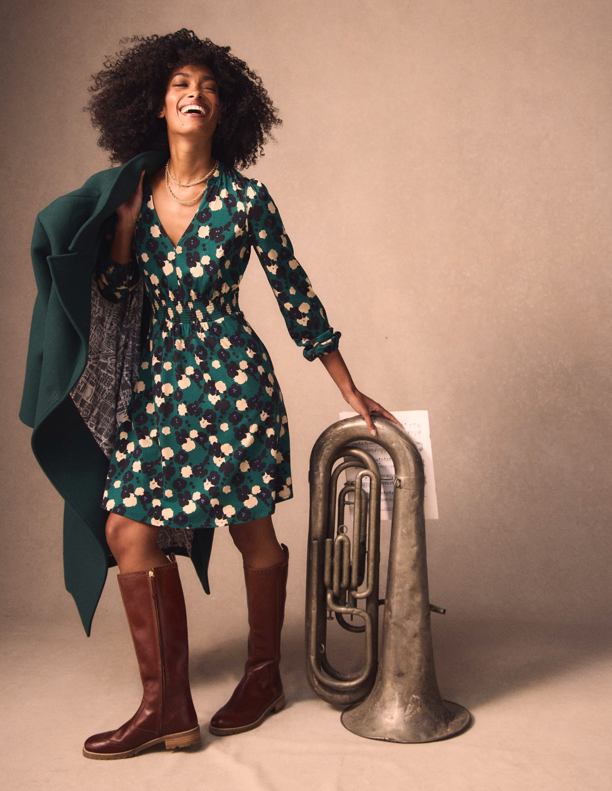 Sarah Short Jersey Dress-Emerald Night, Garden Blossom