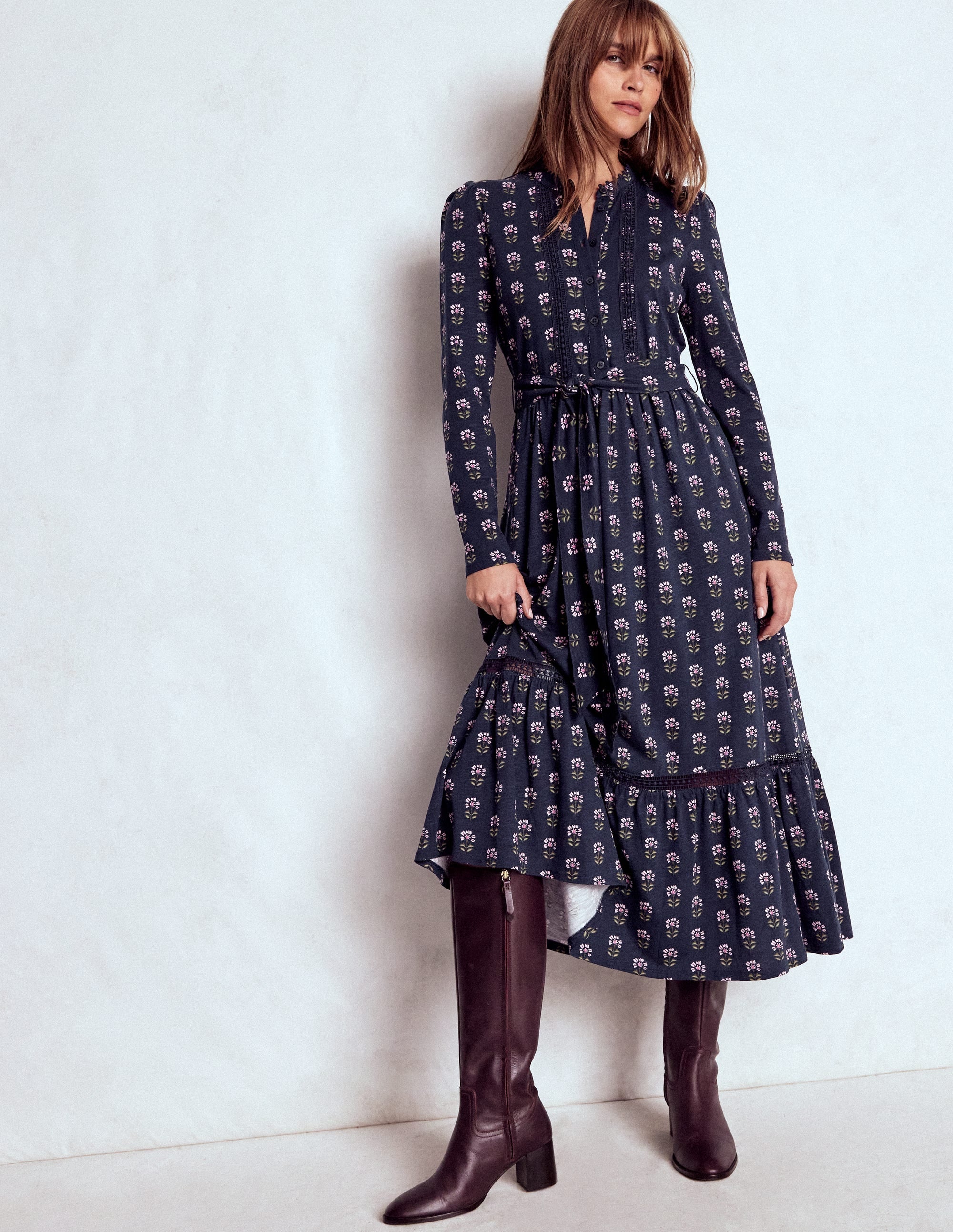 Edwina Jersey Shirt Dress-French Navy, Woodblock Flower