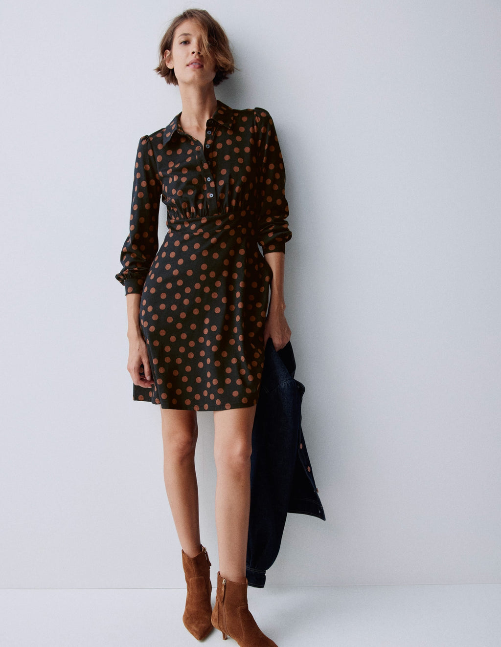 Orla Short Jersey Shirt Dress-Russet, Painted Dot