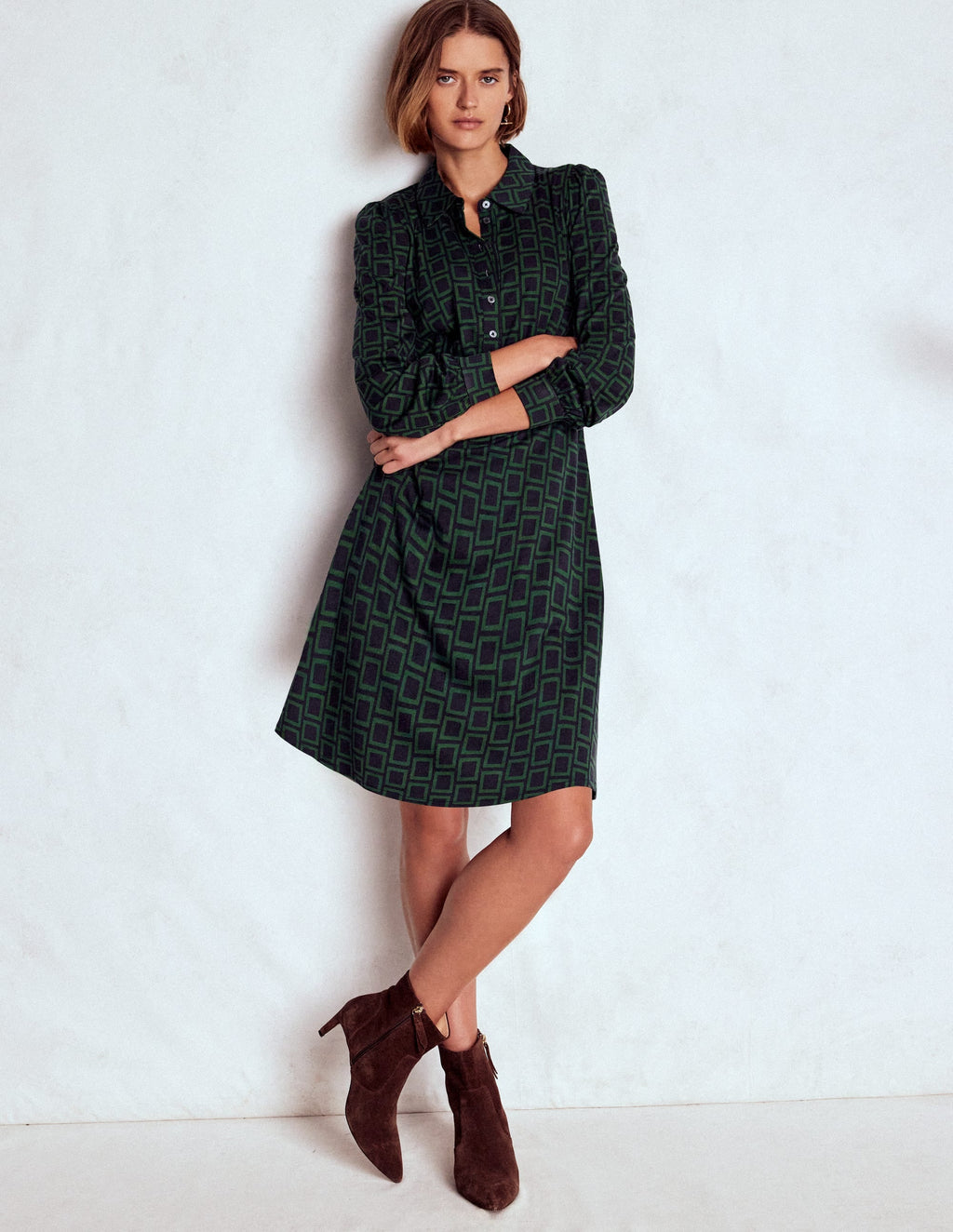 Orla Short Jersey Shirt Dress-Dark Green, Square Geometric