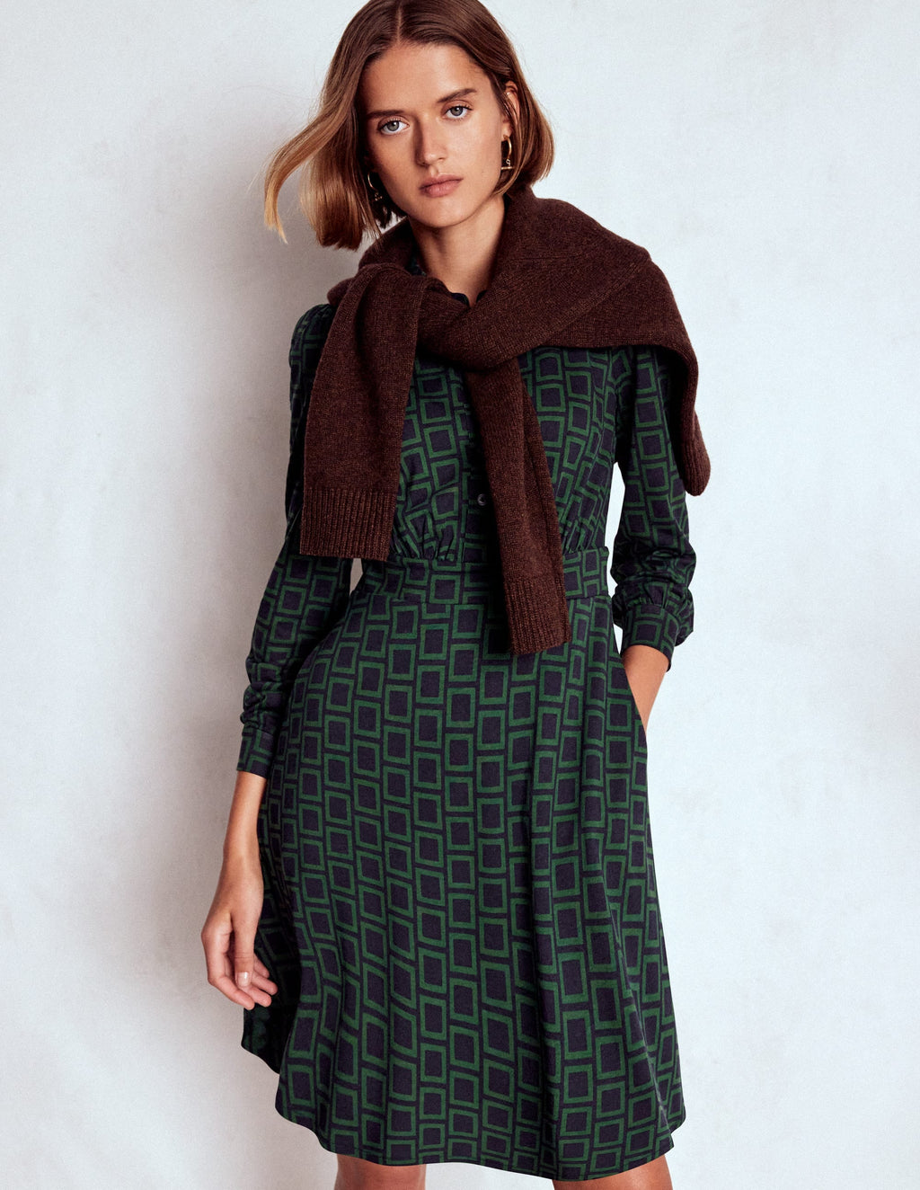 Orla Short Jersey Shirt Dress-Dark Green, Square Geometric