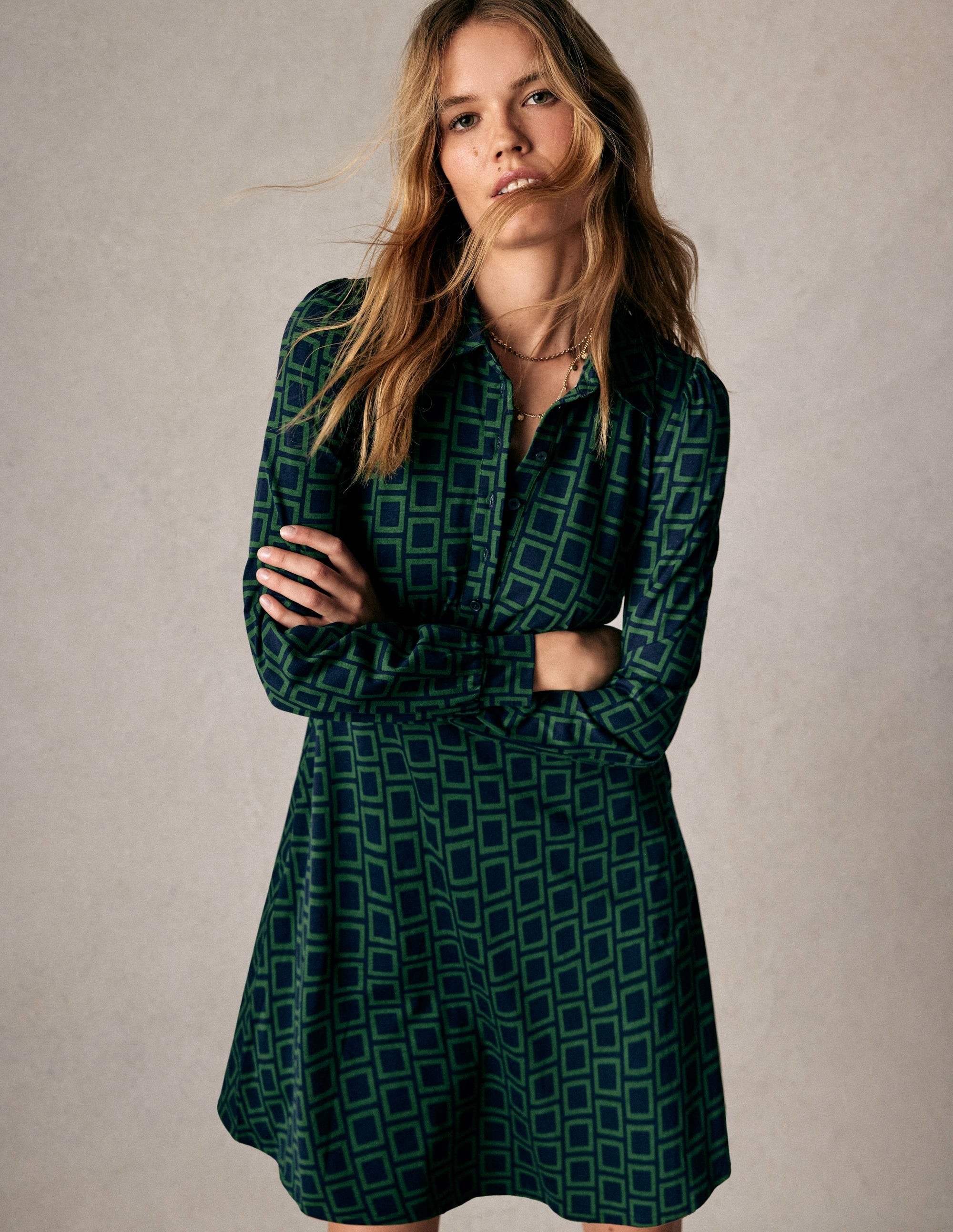 Orla Short Jersey Shirt Dress-Dark Green, Square Geometric