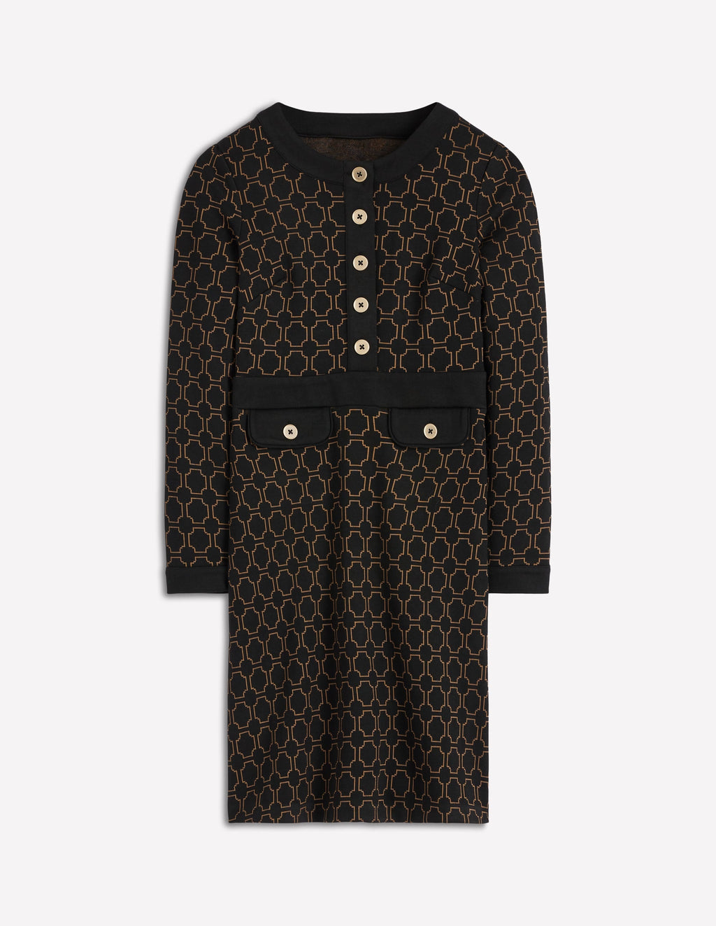 Lavinia Button Shift Dress-Black/Camel Jacquard
