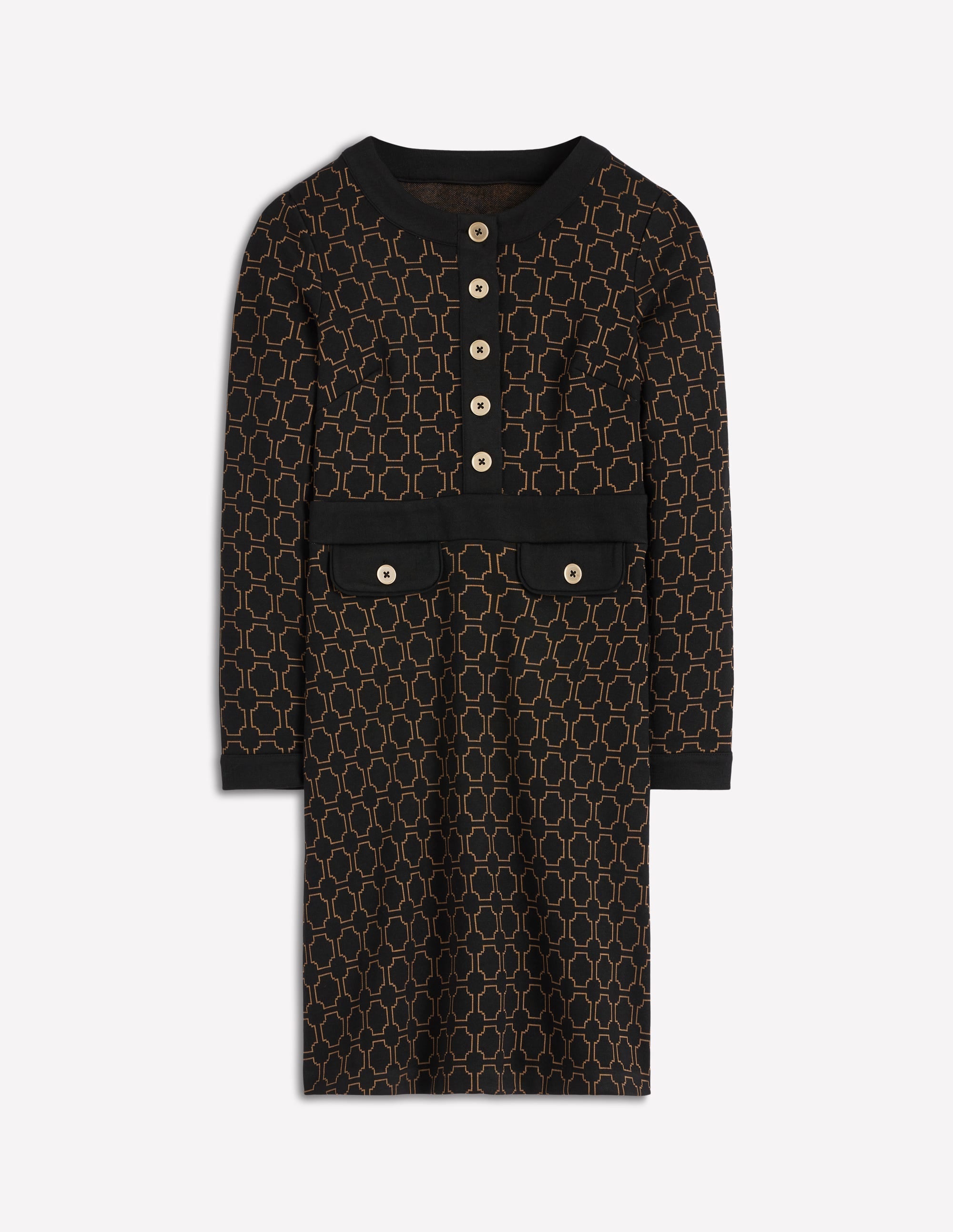 Lavinia Button Shift Dress-Black/Camel Jacquard