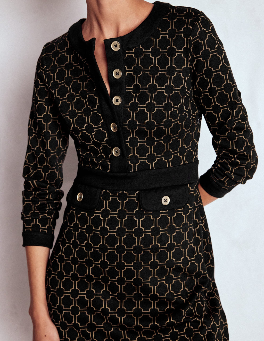 Lavinia Button Shift Dress-Black/Camel Jacquard