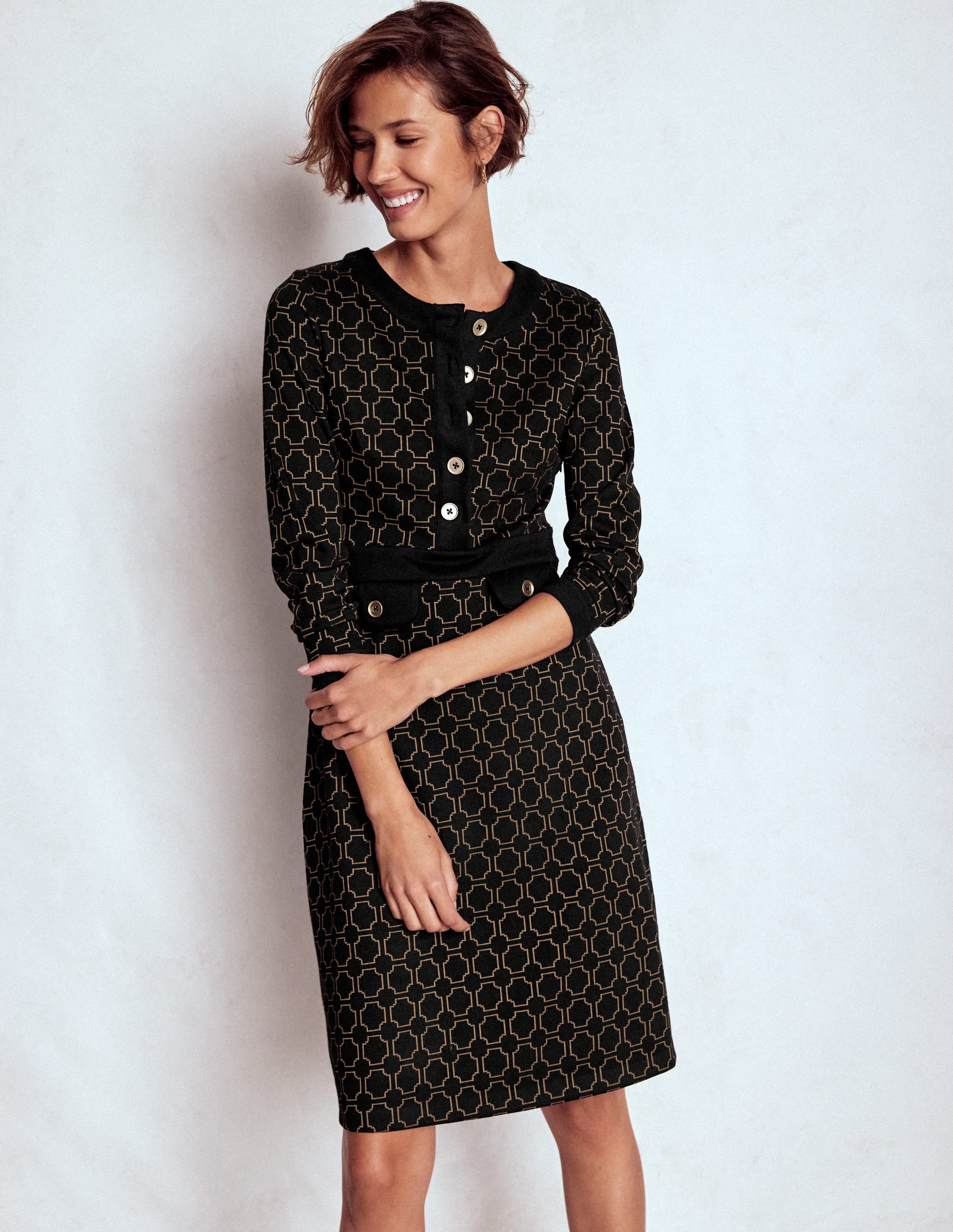 Lavinia Button Shift Dress-Black/Camel Jacquard