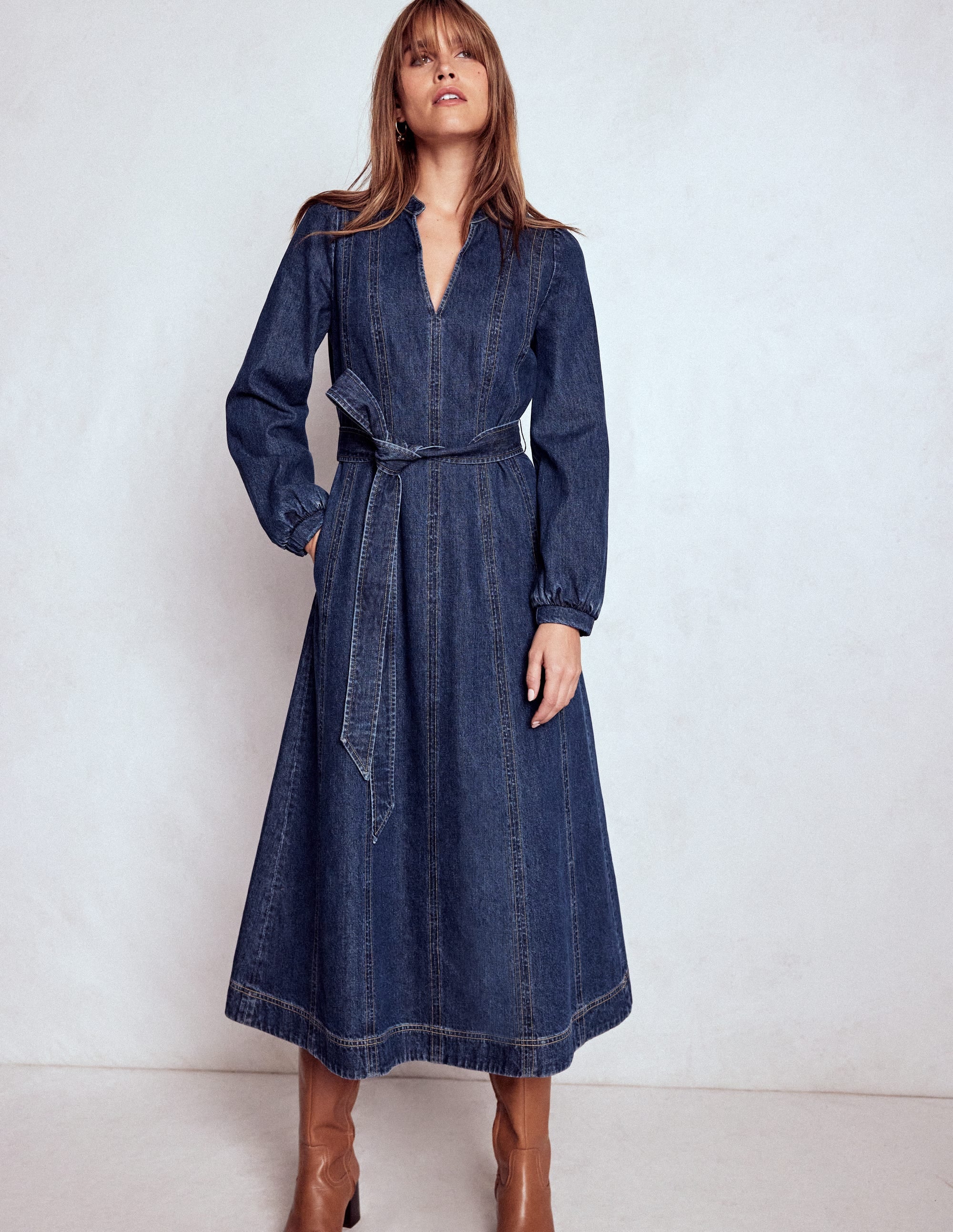 Ros Panelled Denim Midi Dress-Indigo Denim