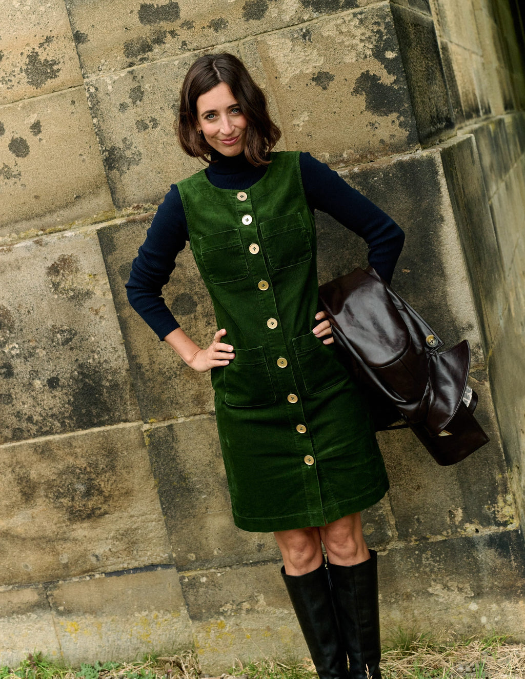 Evelyn Cord Shift Dress-Green Fir