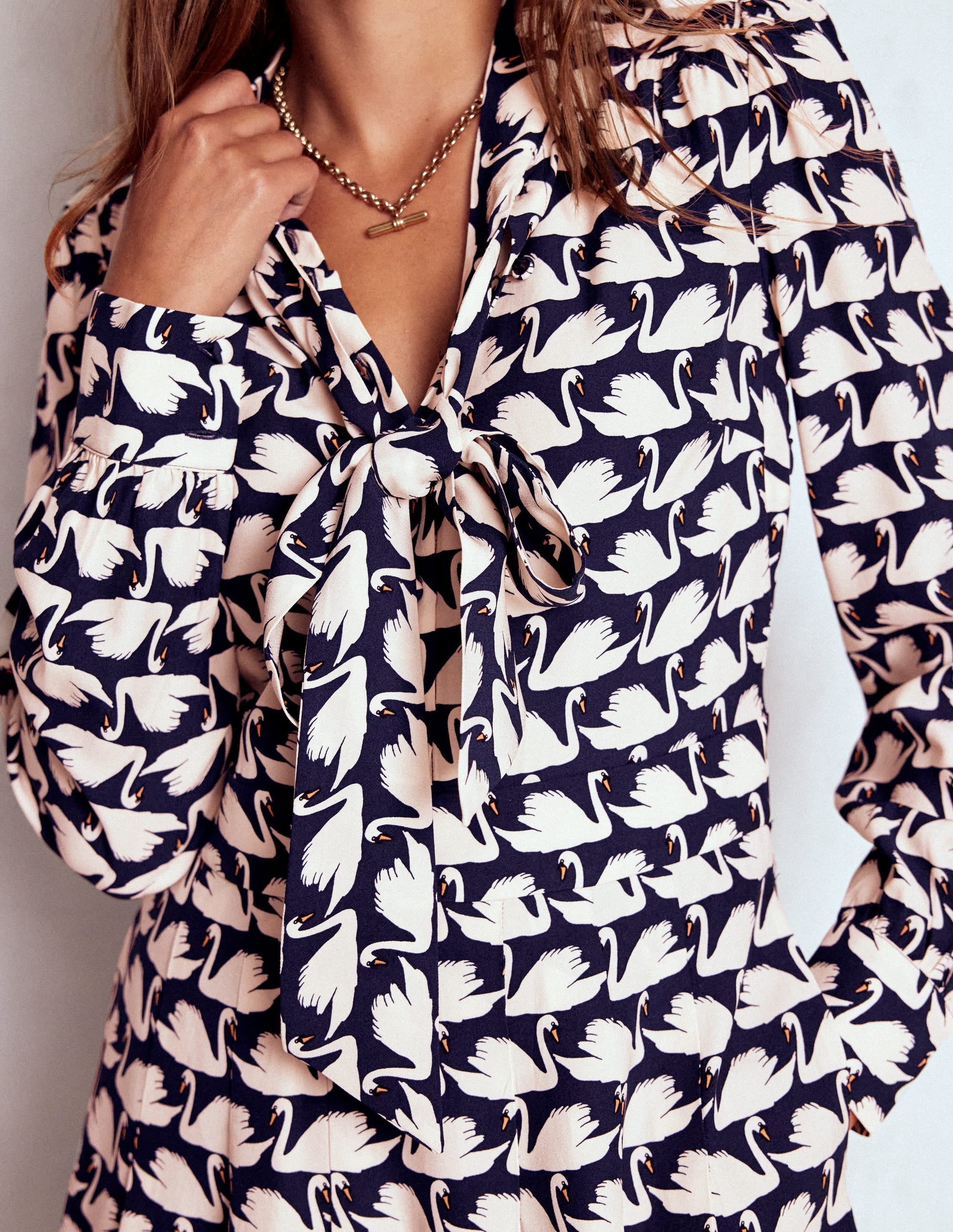 Tie Neck Short Dress-French Navy, Geo Swan