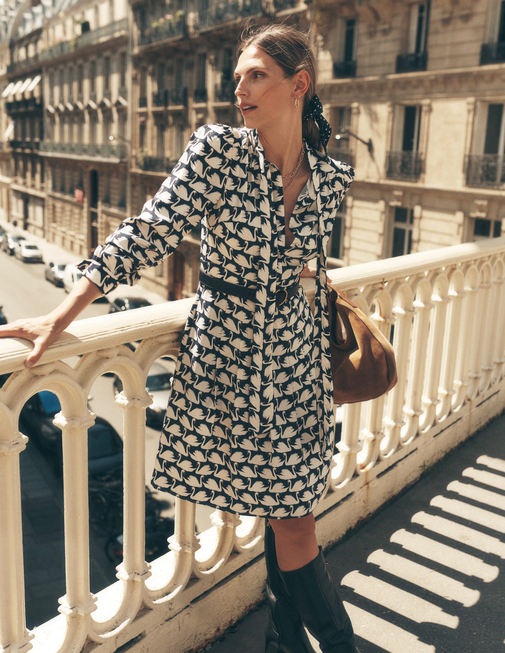 Tie Neck Short Dress-French Navy, Geo Swan