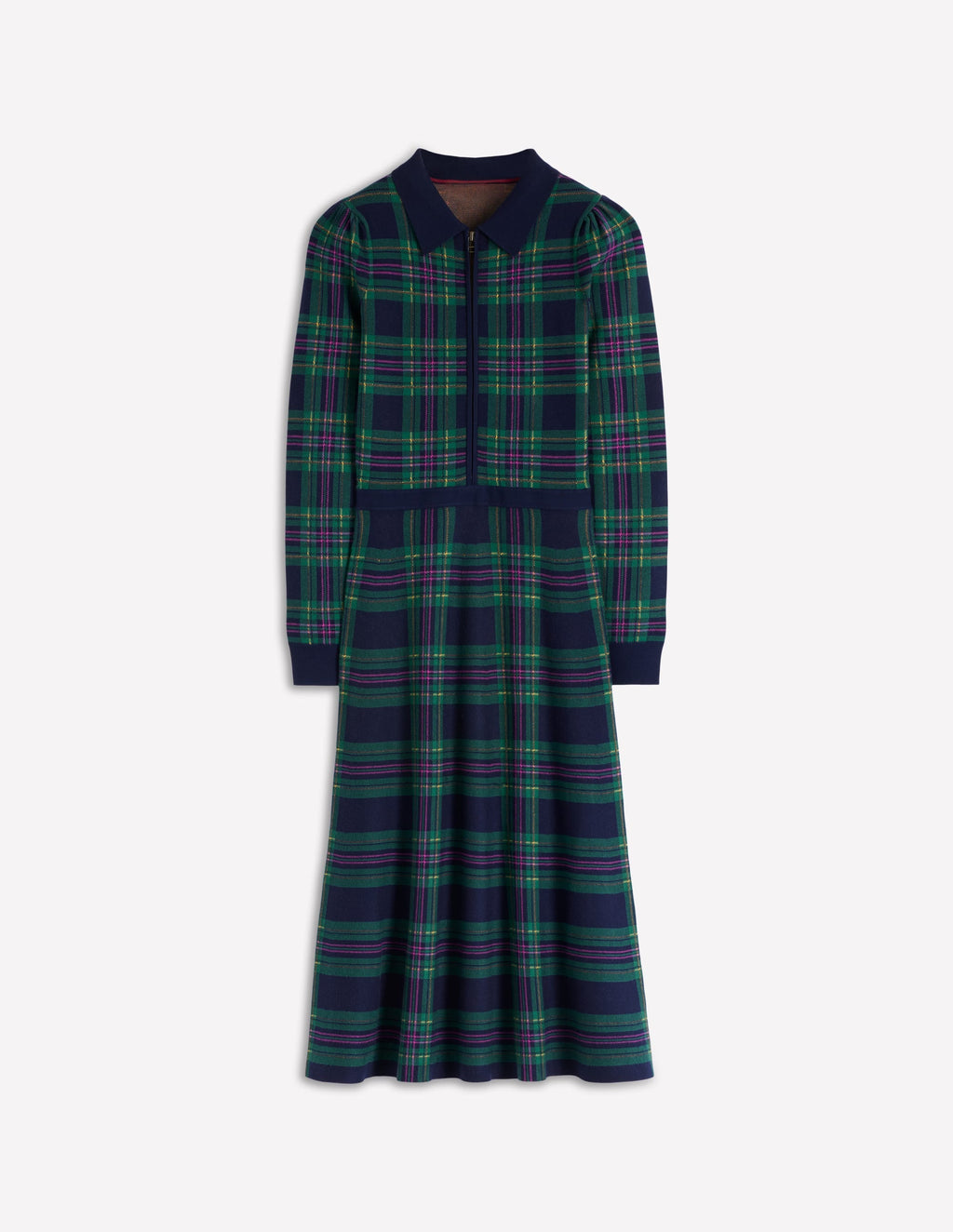 Fiona Zip Front Knitted Dress-Green Check