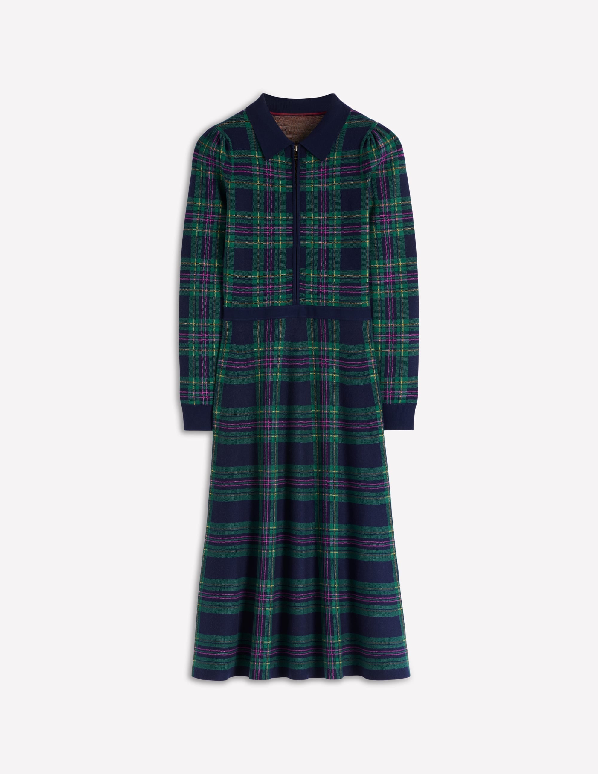 Fiona Zip Front Knitted Dress-Green Check