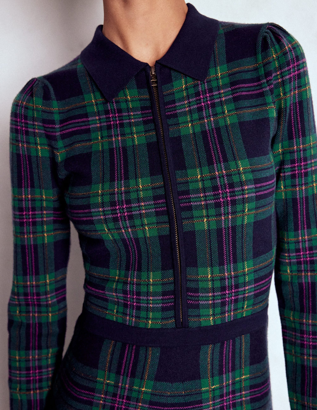 Fiona Zip Front Knitted Dress-Green Check