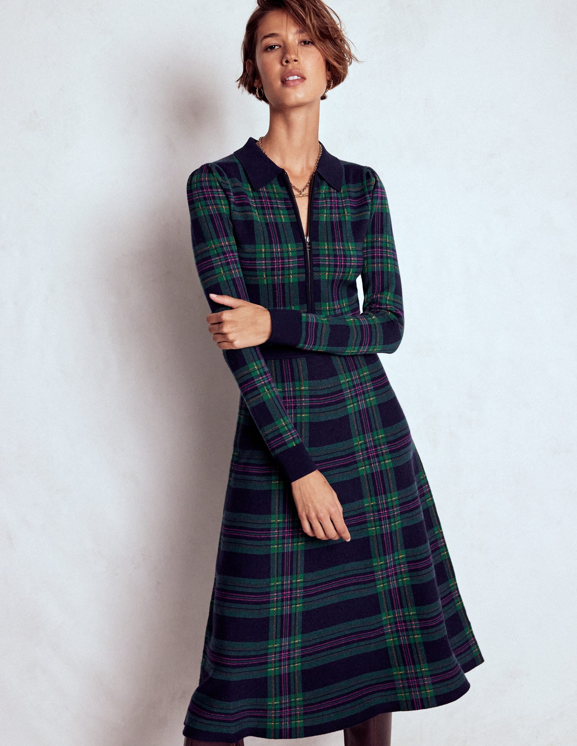 Fiona Zip Front Knitted Dress-Green Check