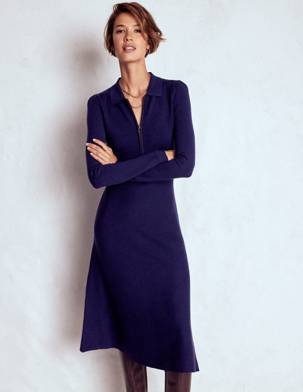 Fiona Zip Front Knitted Dress-Navy