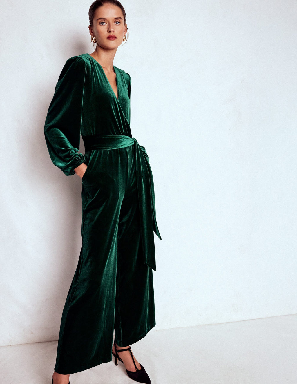 Jersey Velvet Wrap Jumpsuit-Emerald Night