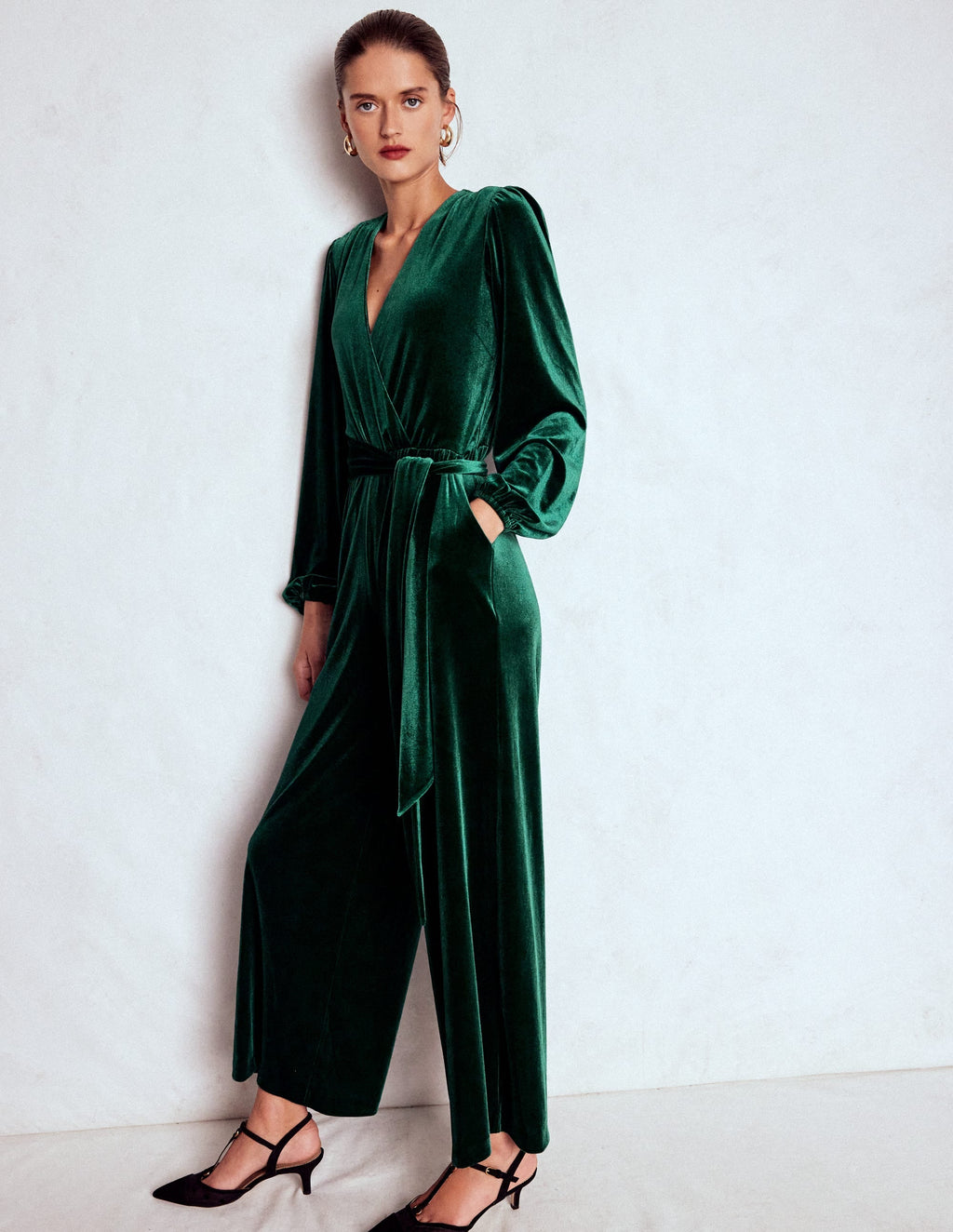 Jersey Velvet Wrap Jumpsuit-Emerald Night