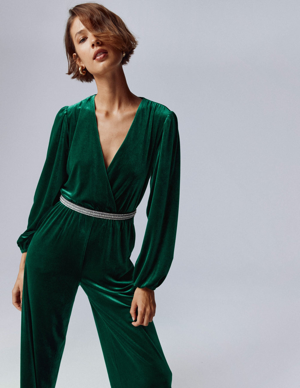 Jersey Velvet Wrap Jumpsuit-Emerald Night