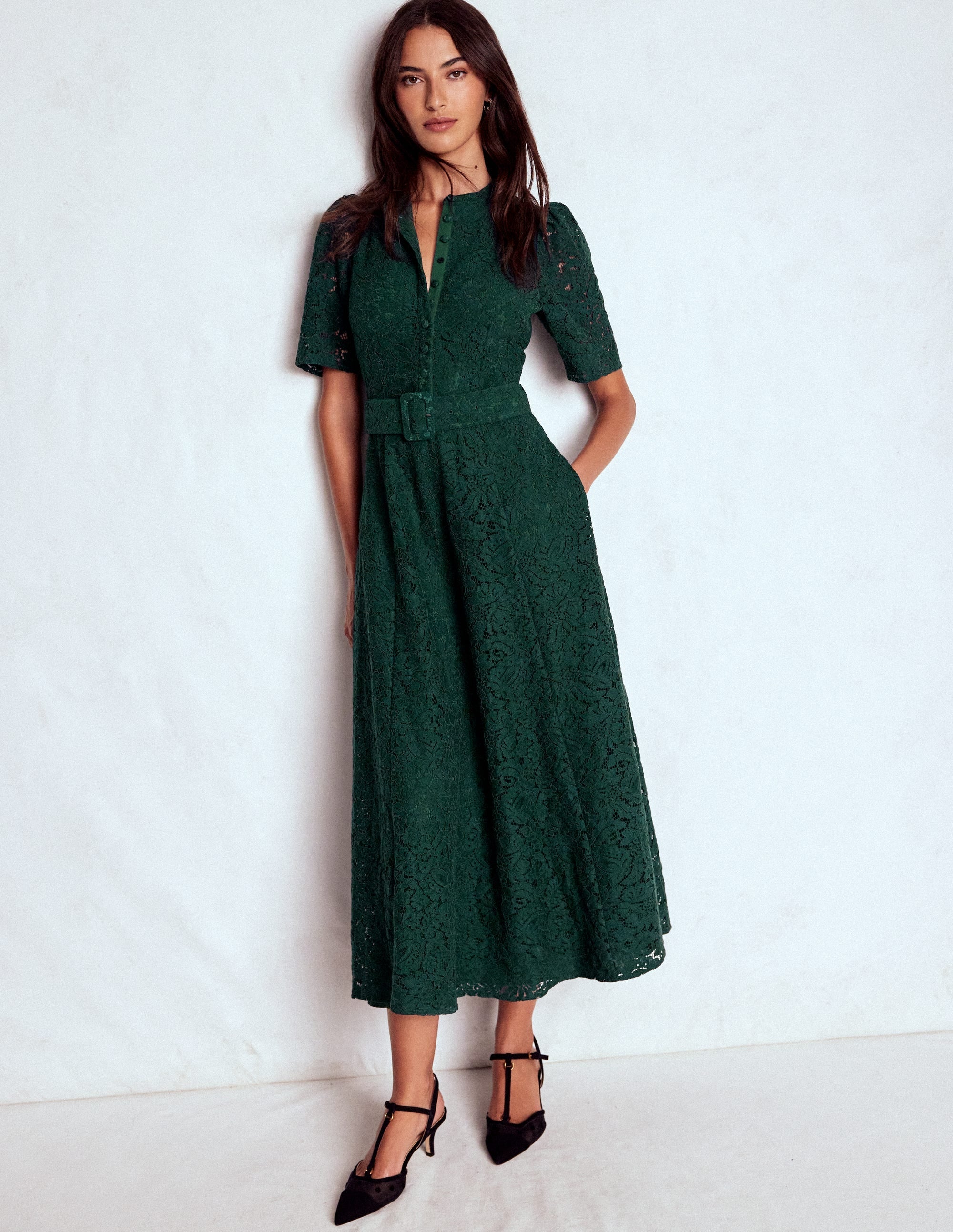 Kate Puff Sleeve Lace Dress-Dark Green