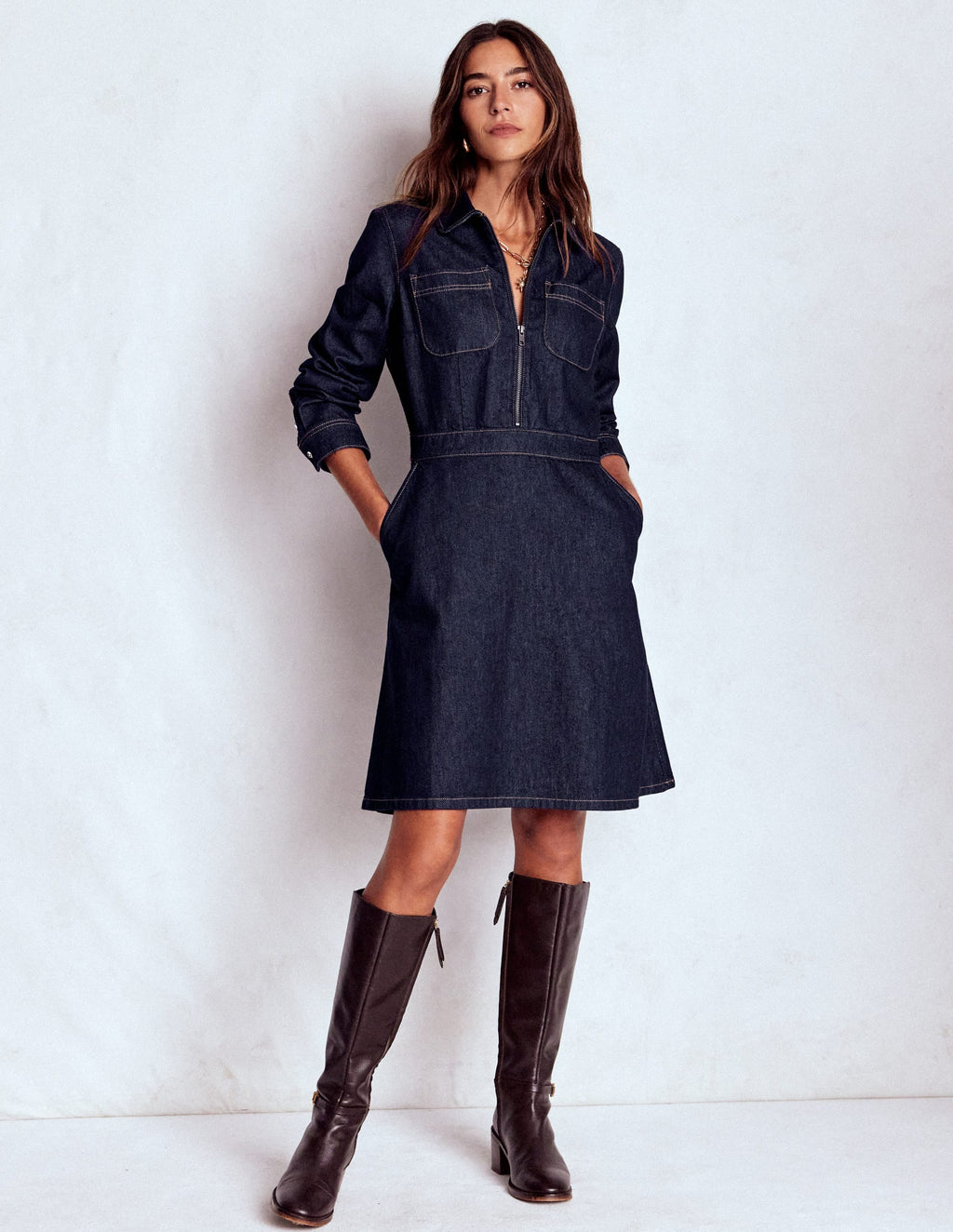 Flippy Denim Short Dress-Indigo Denim