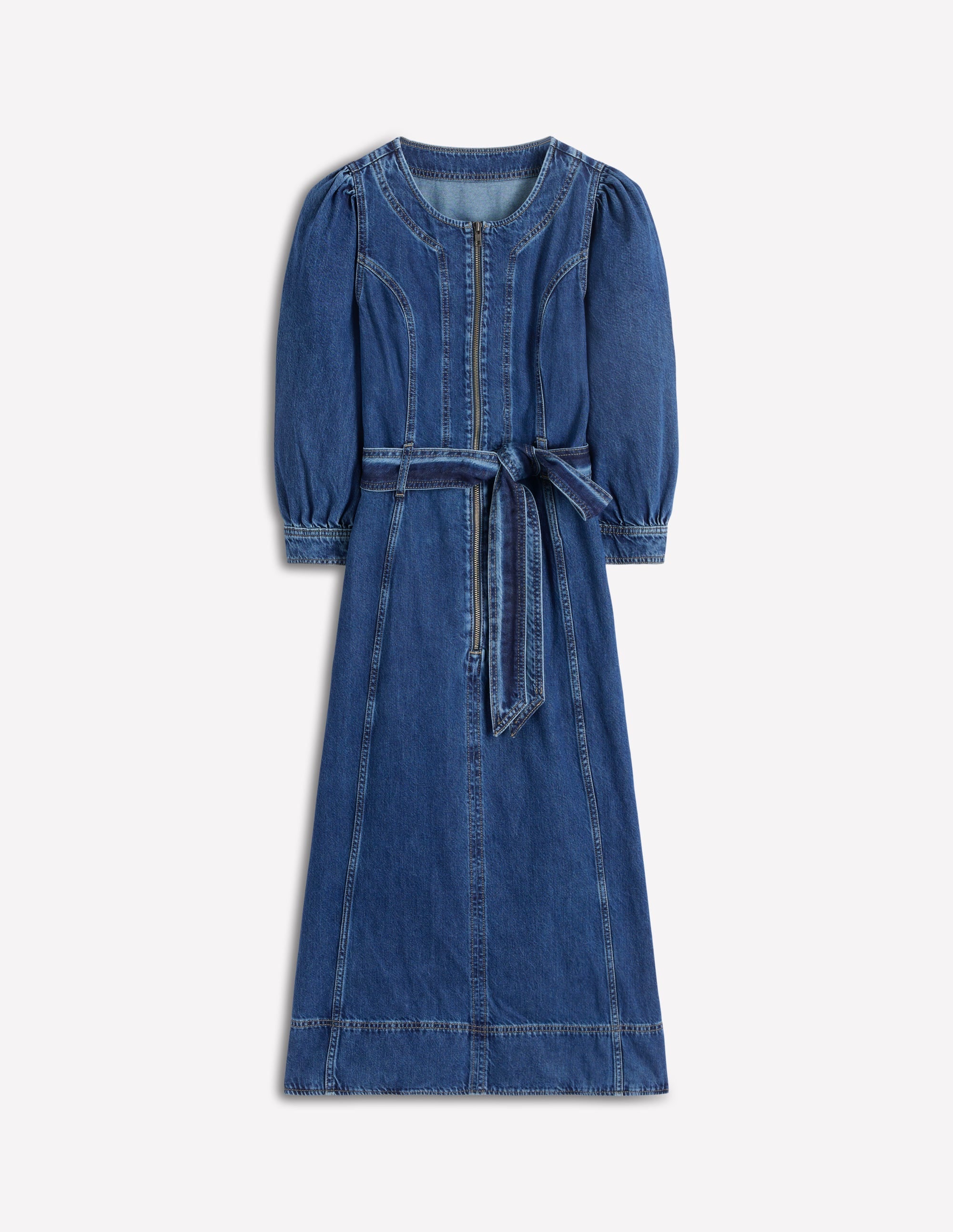 Zip Puff Sleeve Denim Dress-Dark Wash